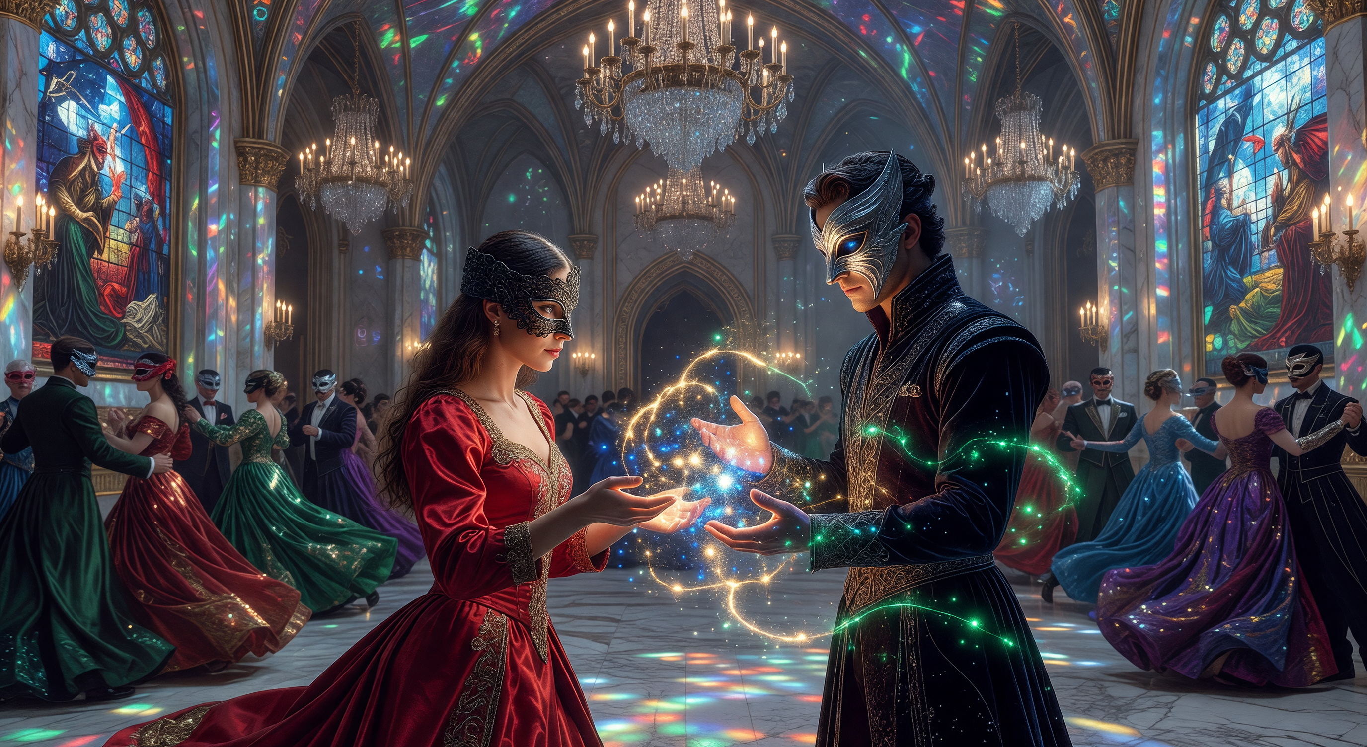 A candlelit cathedral at midnight with rose petals scattered down the aisle, stained glass casting fractured color across empty pews, a single throne at the altar