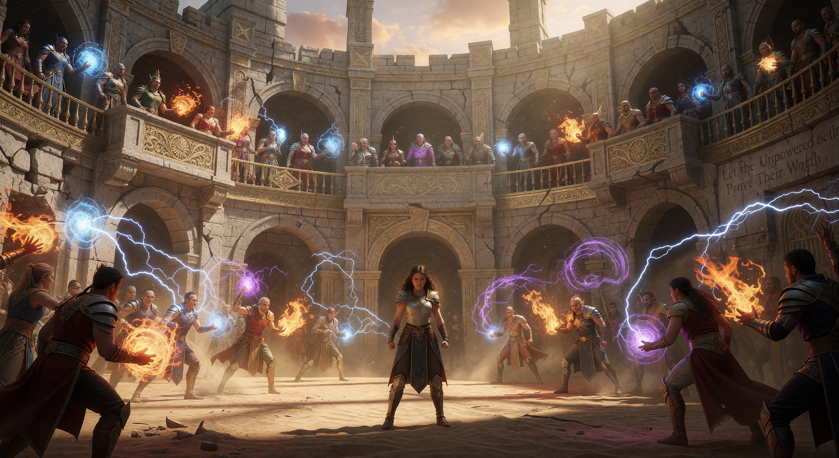 An arena of white stone under a blazing midday sun, tiers of watching faces, a lone figure standing at the centre with no weapon and no power