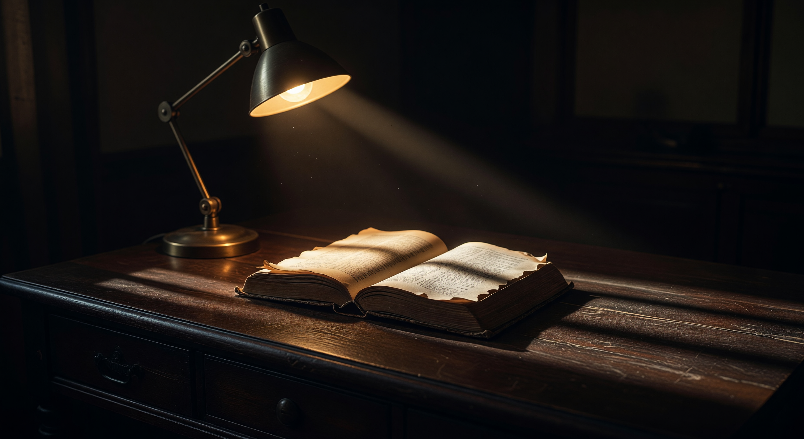 Open book on a wooden table with dramatic side lighting casting long shadows across the pages