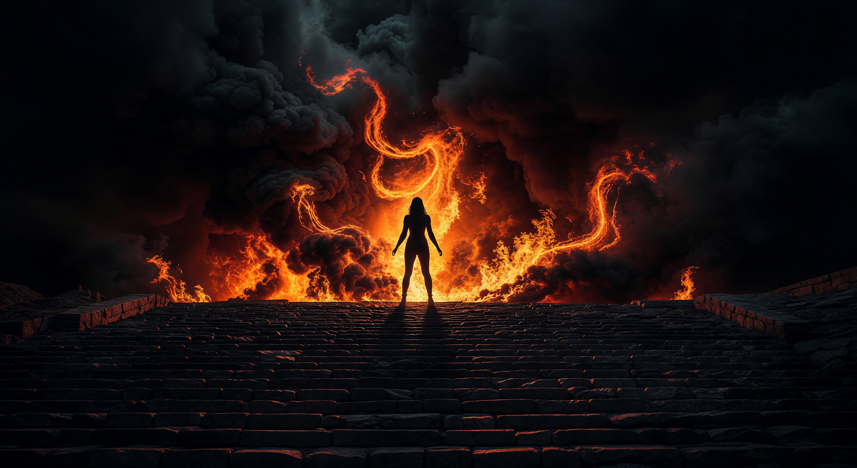 A woman's silhouette standing at the top of wide stone steps, backlit by a blazing fire, smoke rising dramatically around her