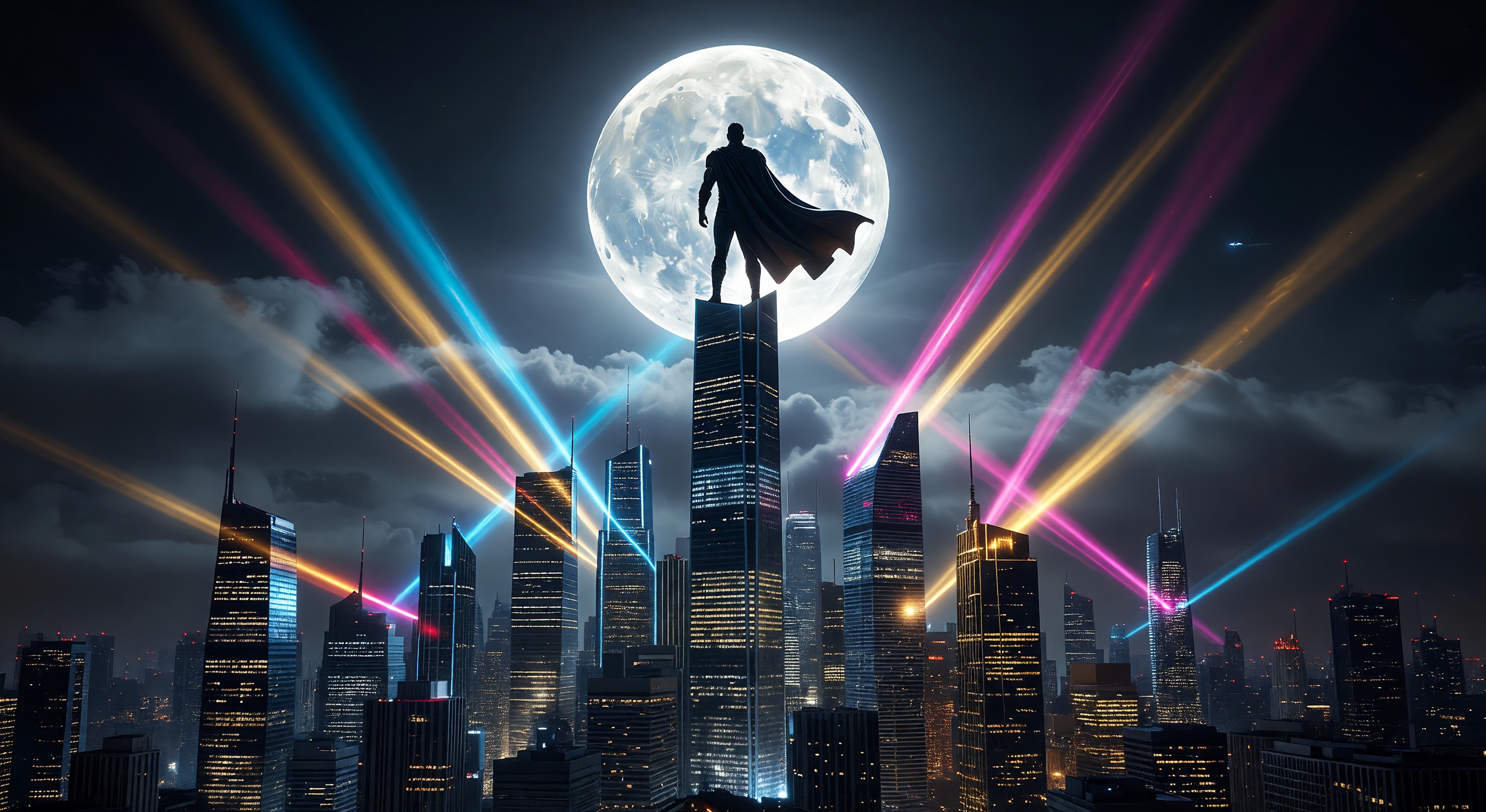 A dramatic cityscape at night with beams of coloured light rising from skyscrapers, a caped figure silhouetted against a glowing full moon