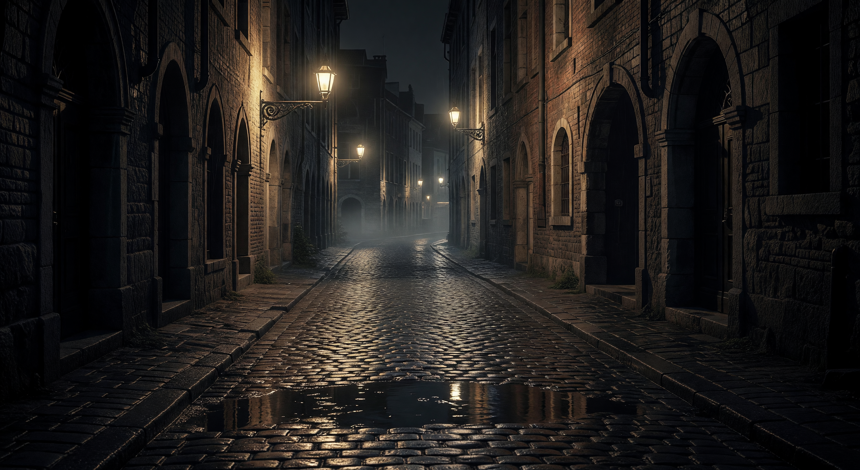 A rain-slicked cobblestone street at night in an old European city, gas lamps reflected in puddles, shadowy figures in the distance