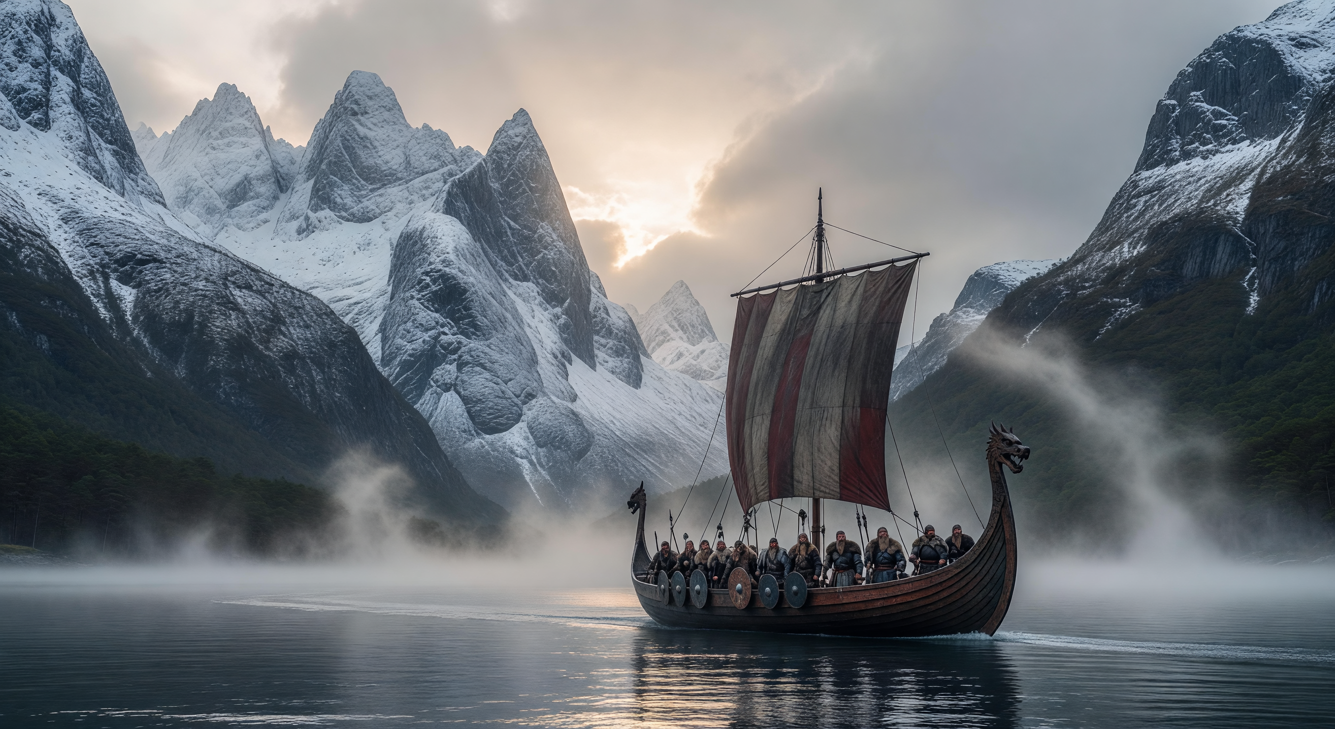 A dramatic fjord landscape with snow-capped mountains, steel-grey water, and a longship moving through morning mist