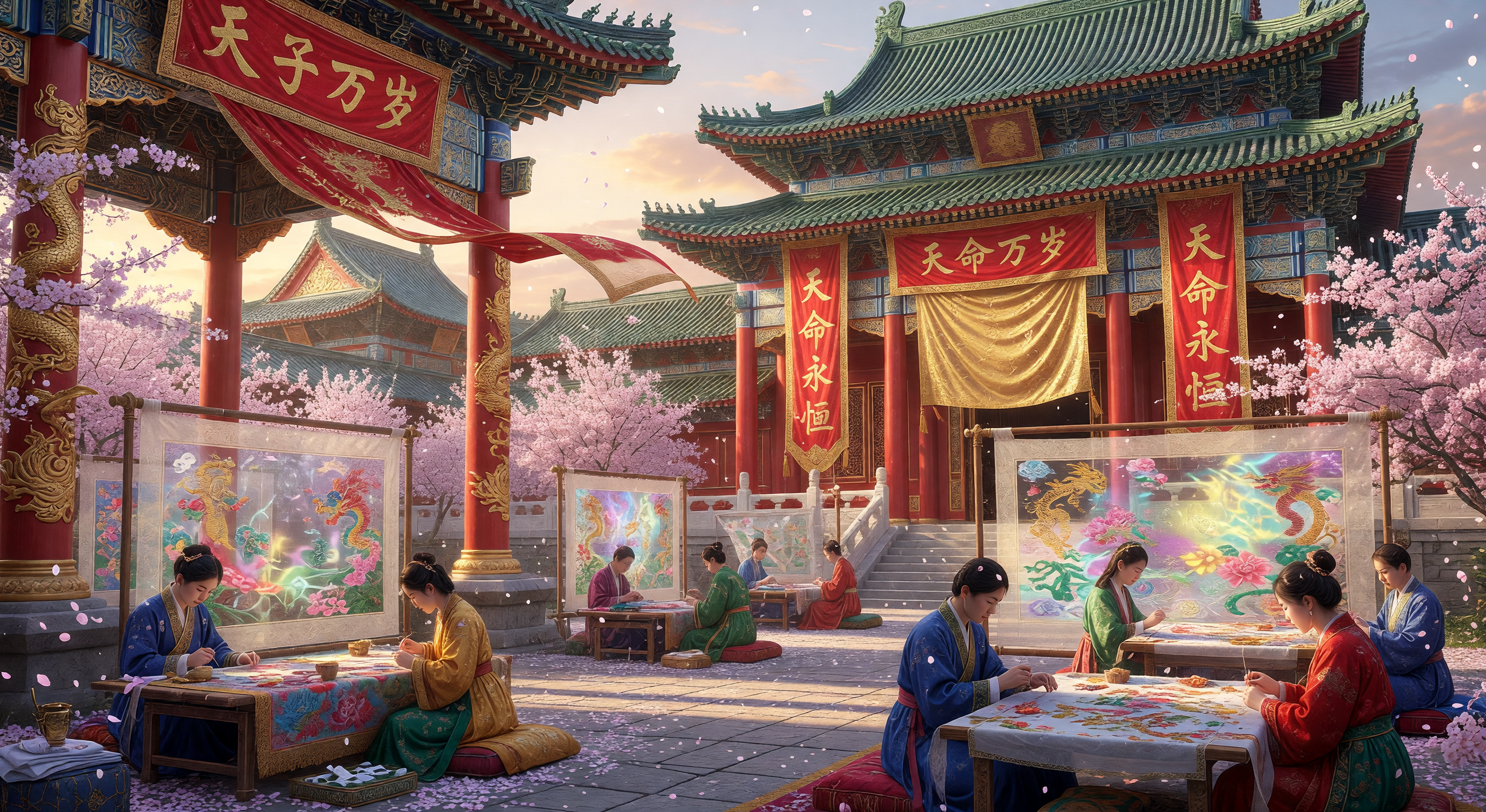An imperial Chinese palace courtyard with silk banners in gold and red, artisans at work on elaborate embroidery, cherry blossoms falling on stone paths