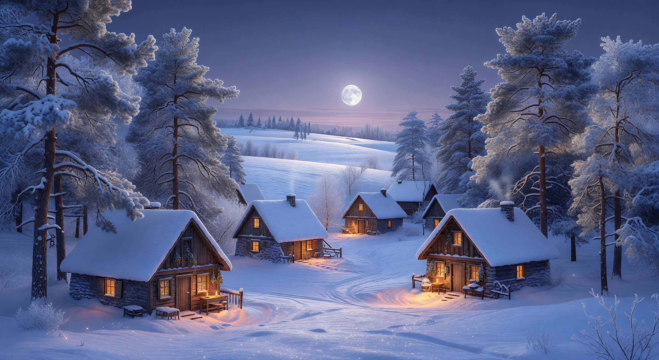 A snow-covered Eastern European village at dusk, warm candlelight in cottage windows, frost-covered pine trees, silver moonlight on white fields