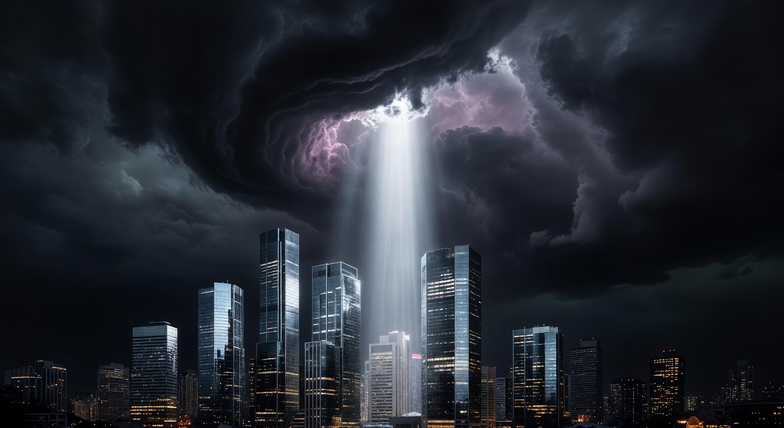 A dramatic cityscape at night with dark storm clouds and a single beam of light breaking through, reflecting off steel and glass buildings below