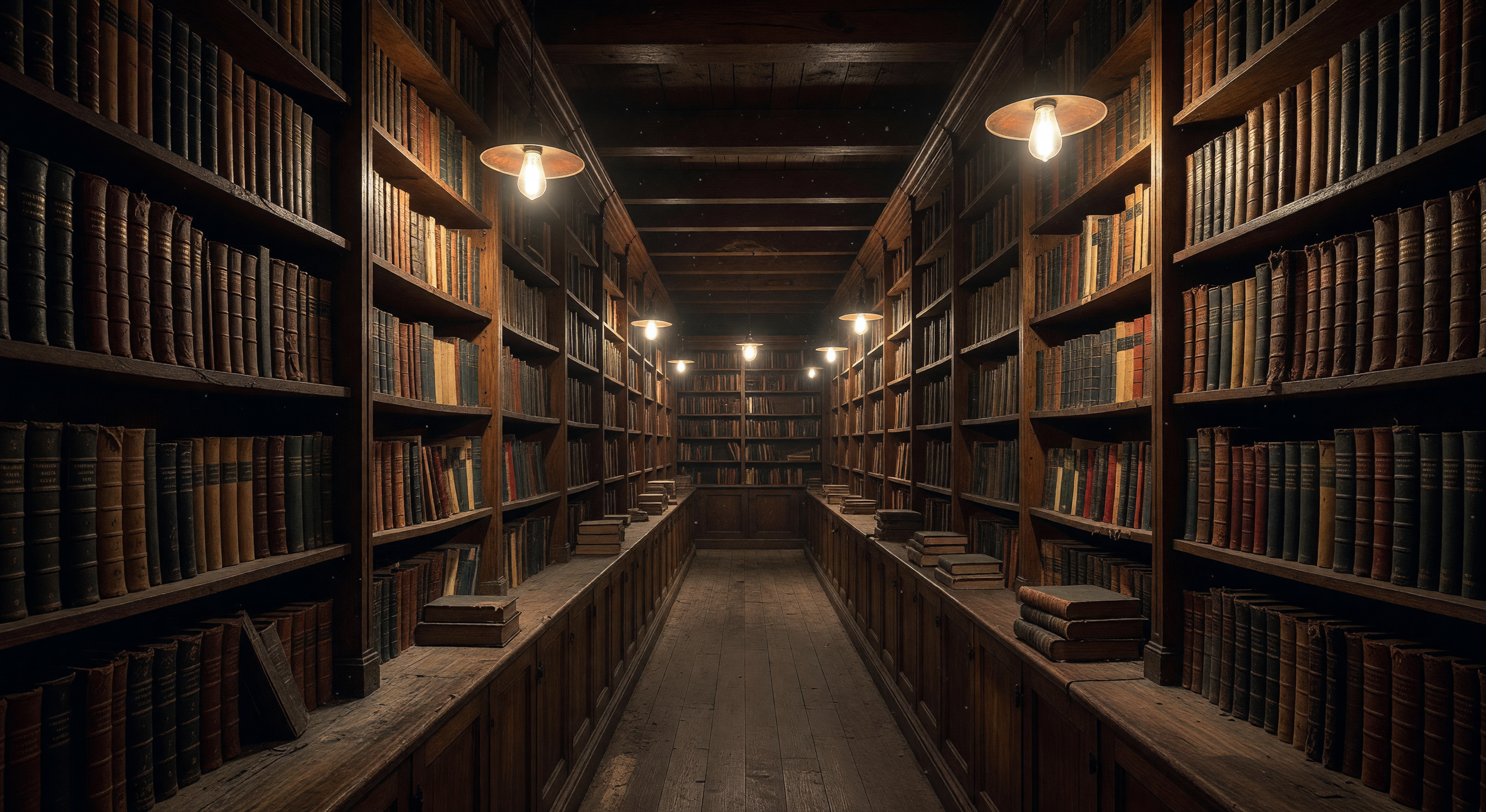 A long corridor of old wooden library shelves filled with books, lit by warm amber overhead light, stretching into the distance