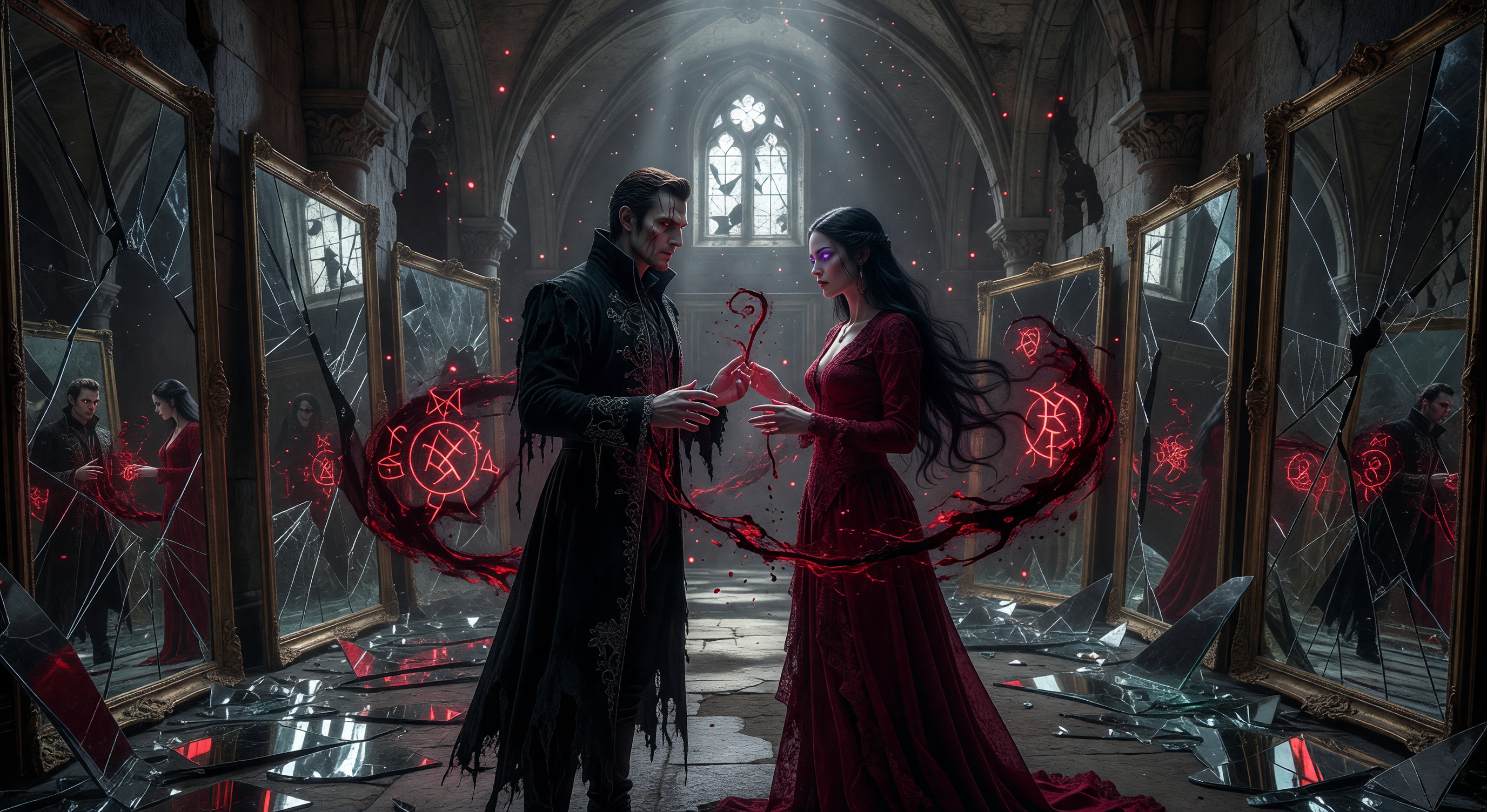 Dark palace throne room at midnight, blood-red moonlight through high arched windows, ash drifting like snow