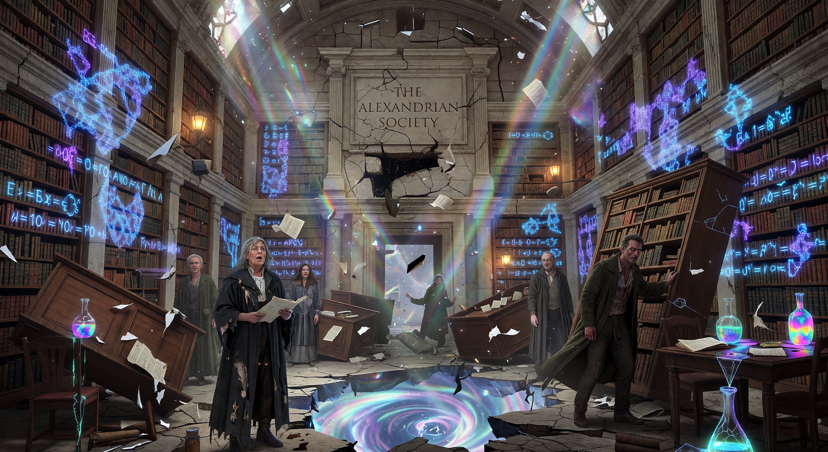 Grand library at night, a single desk lamp illuminating scattered papers and an empty chair