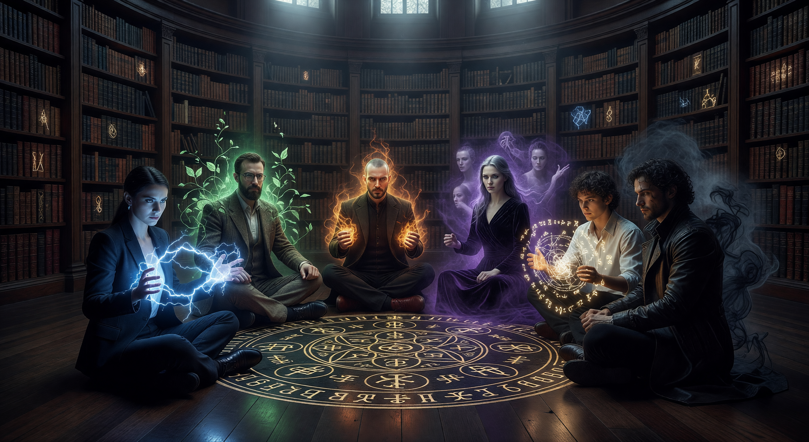 Six shadowed figures standing in the vaulted library of an ancient underground archive, books spiralling up into unlit heights