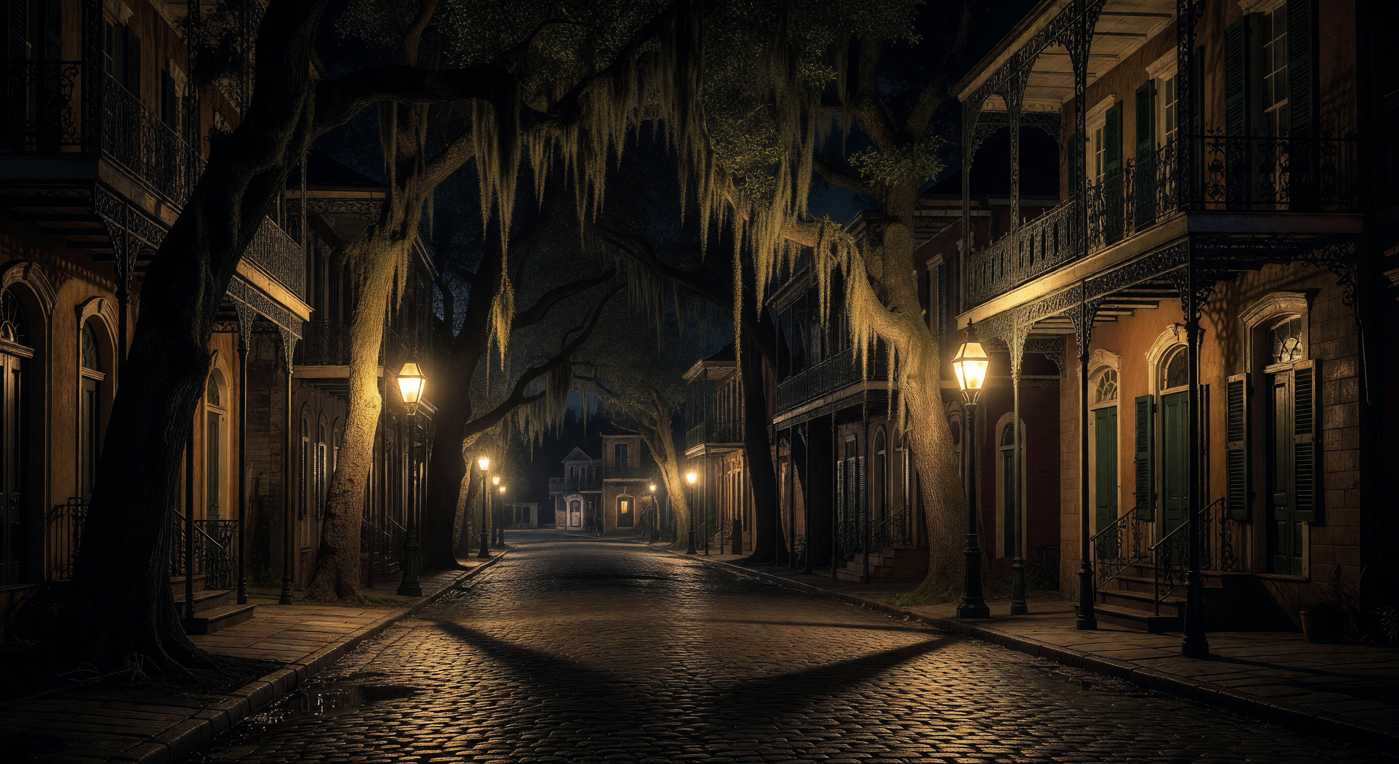 A New Orleans street at night in the 1870s, gas lamps casting golden light on wrought iron balconies, Spanish moss hanging from oak trees, mystery in every shadow