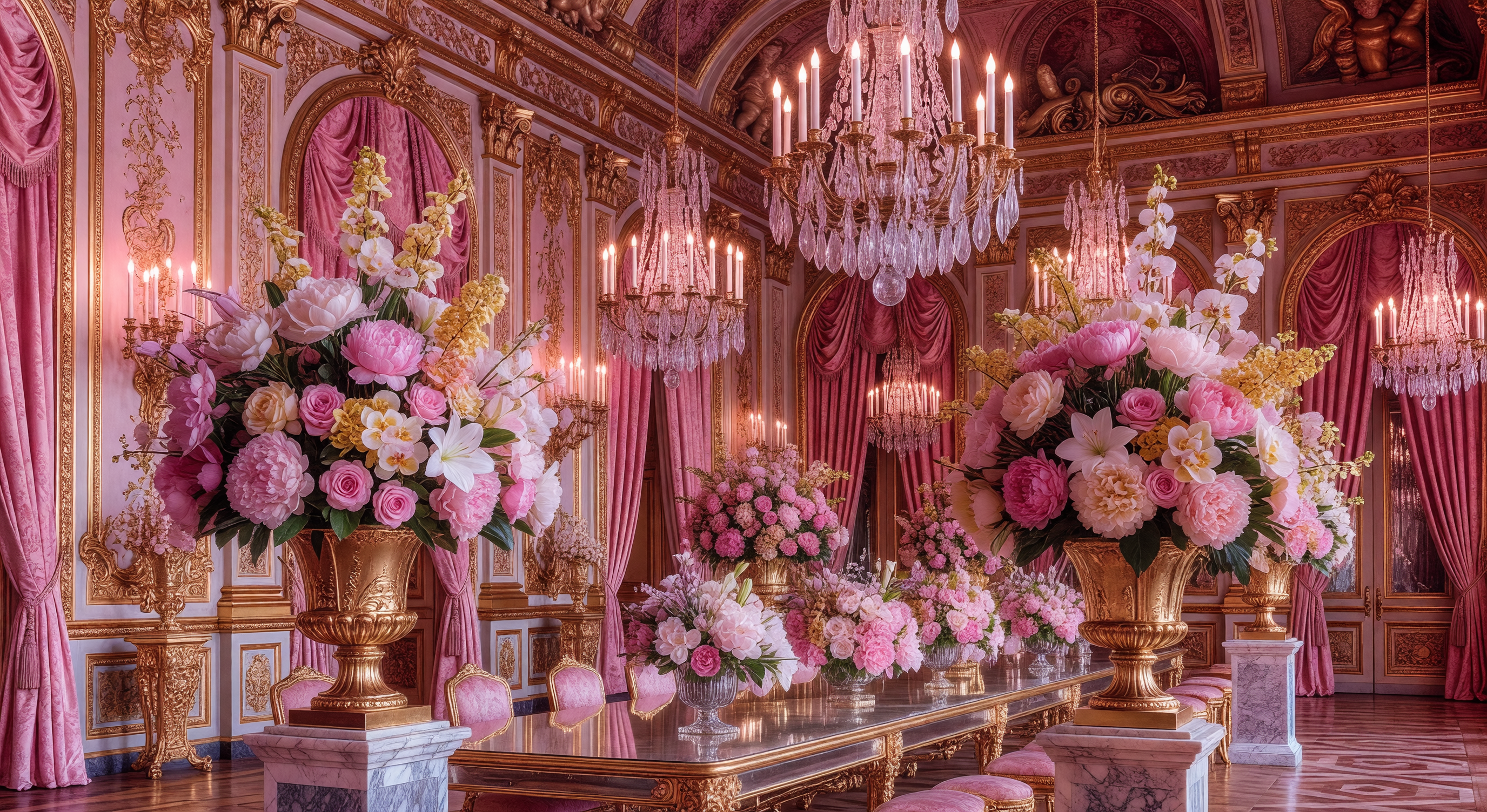 An ornate Versailles-style palace interior with rose-gold walls and elaborate floral arrangements, soft pink and gold light everywhere