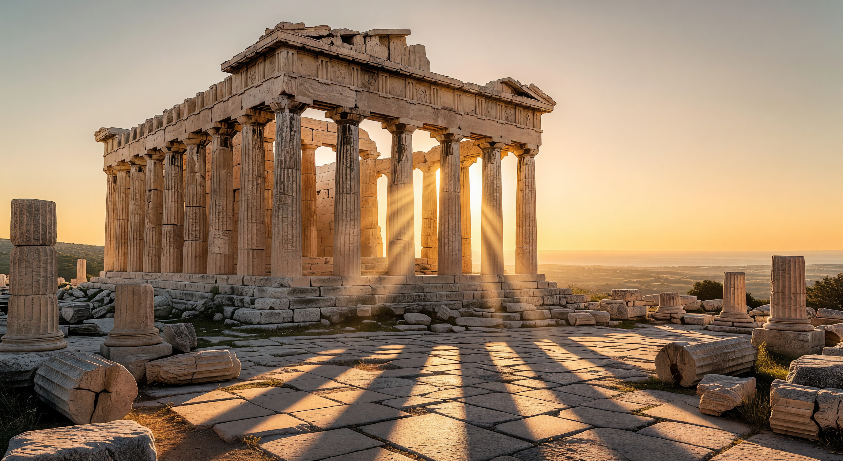 Golden hour light breaking through columns of an ancient stone temple ruin, warm glow illuminating the worn stonework