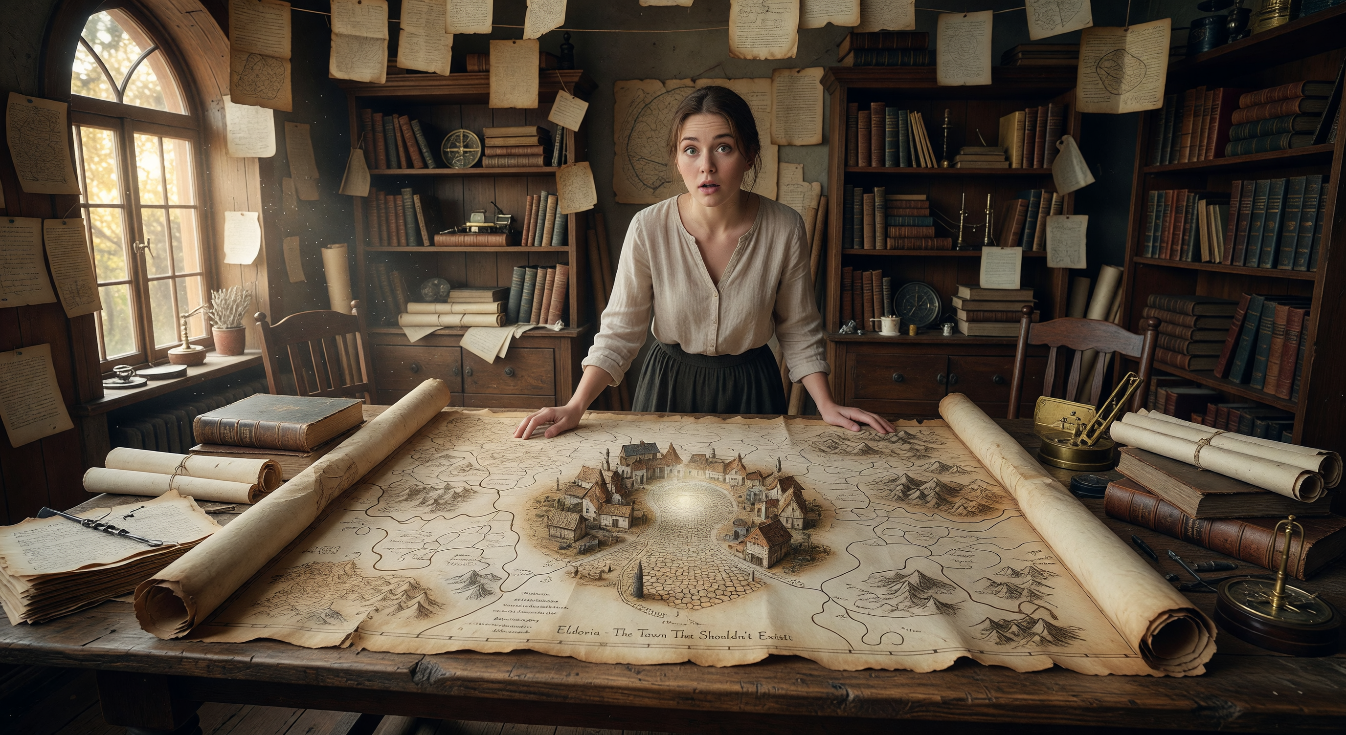 An old paper map spread on a wooden table, its edges curling, with a small town circled in ink that seems to glow faintly