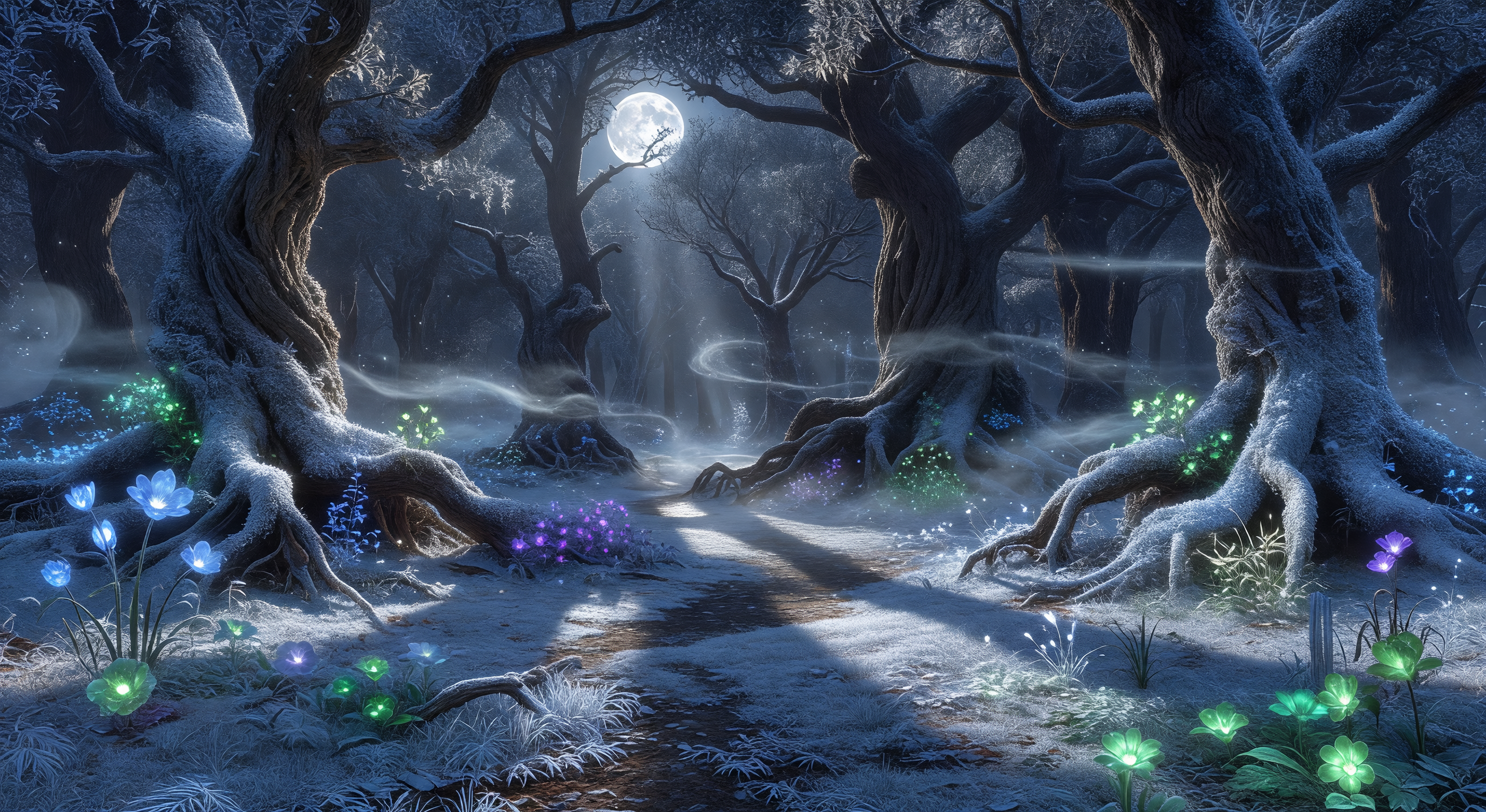 A moonlit glade in an ancient forest, bioluminescent flowers glowing among the roots of enormous trees, frost coating every surface