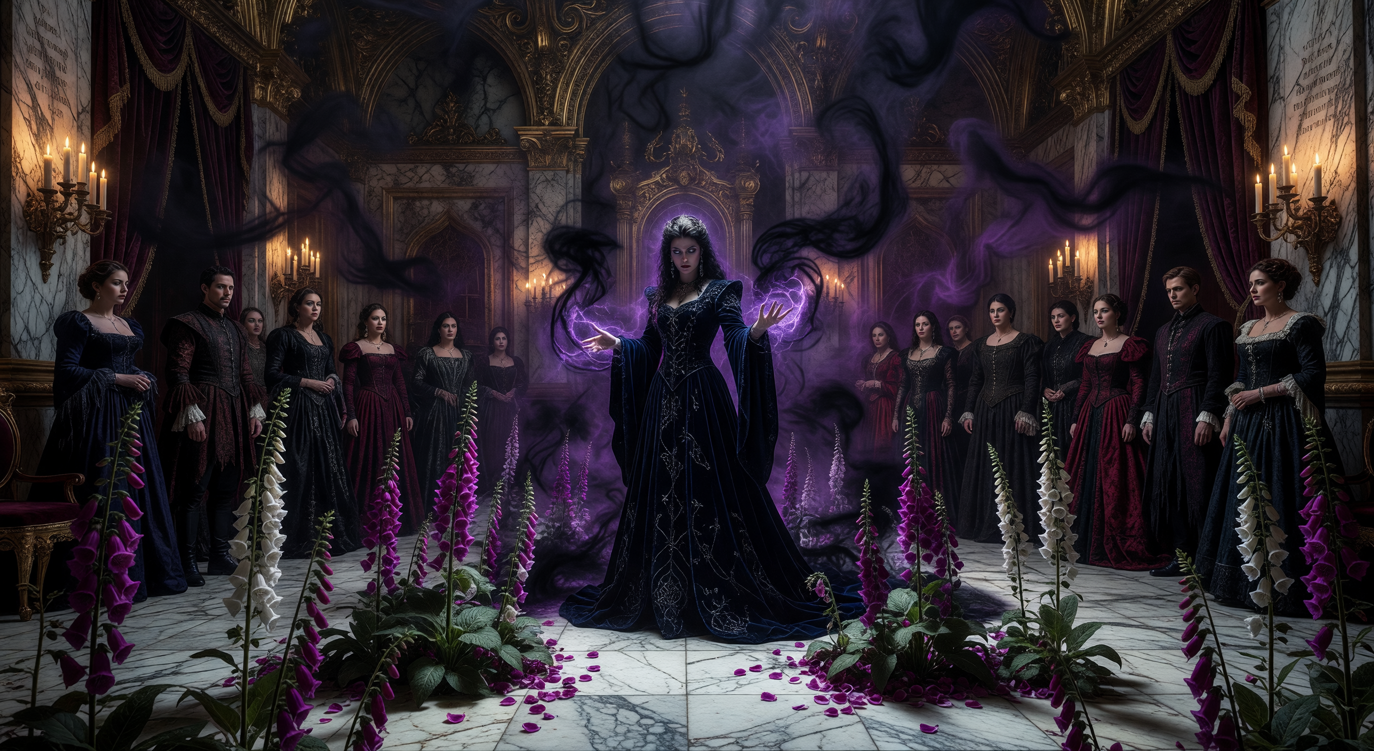 A gilded palace corridor at night lit by foxglove-blue candles, a figure in a dark cloak moving between pillars of pale stone