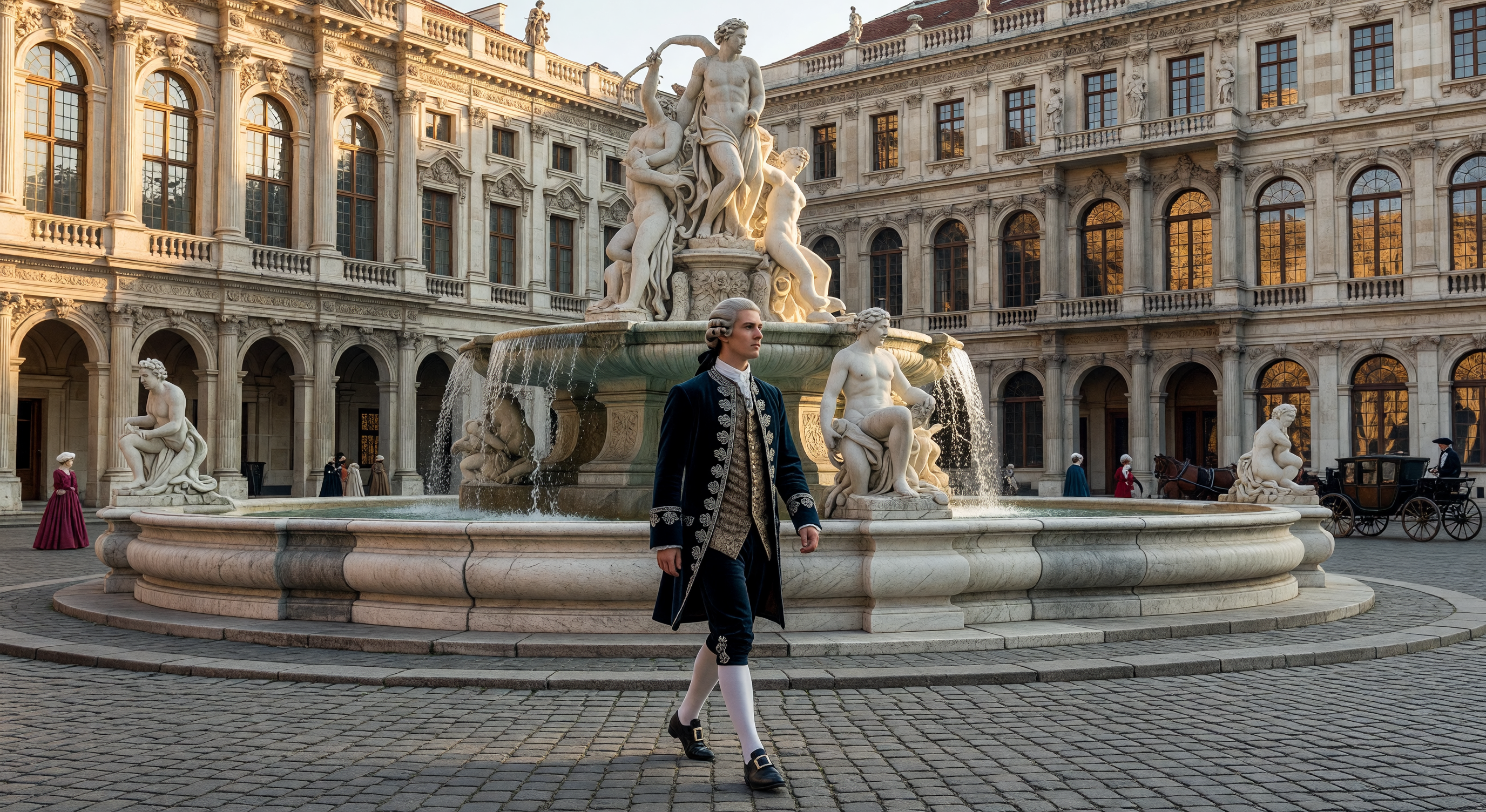 A European city square in warm afternoon light, baroque architecture surrounding a grand fountain, a young man in period dress walking confidently