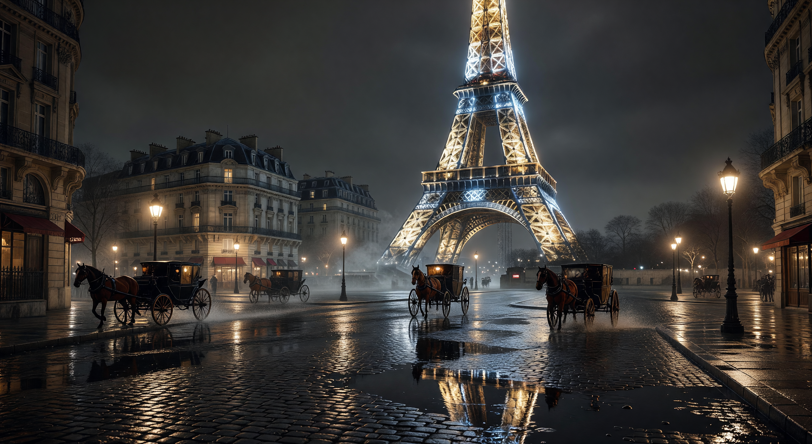 Paris at night in the Belle Époque era, the Eiffel Tower under construction glowing with electric lights, cobblestone streets wet with rain, gas lamps reflected in puddles