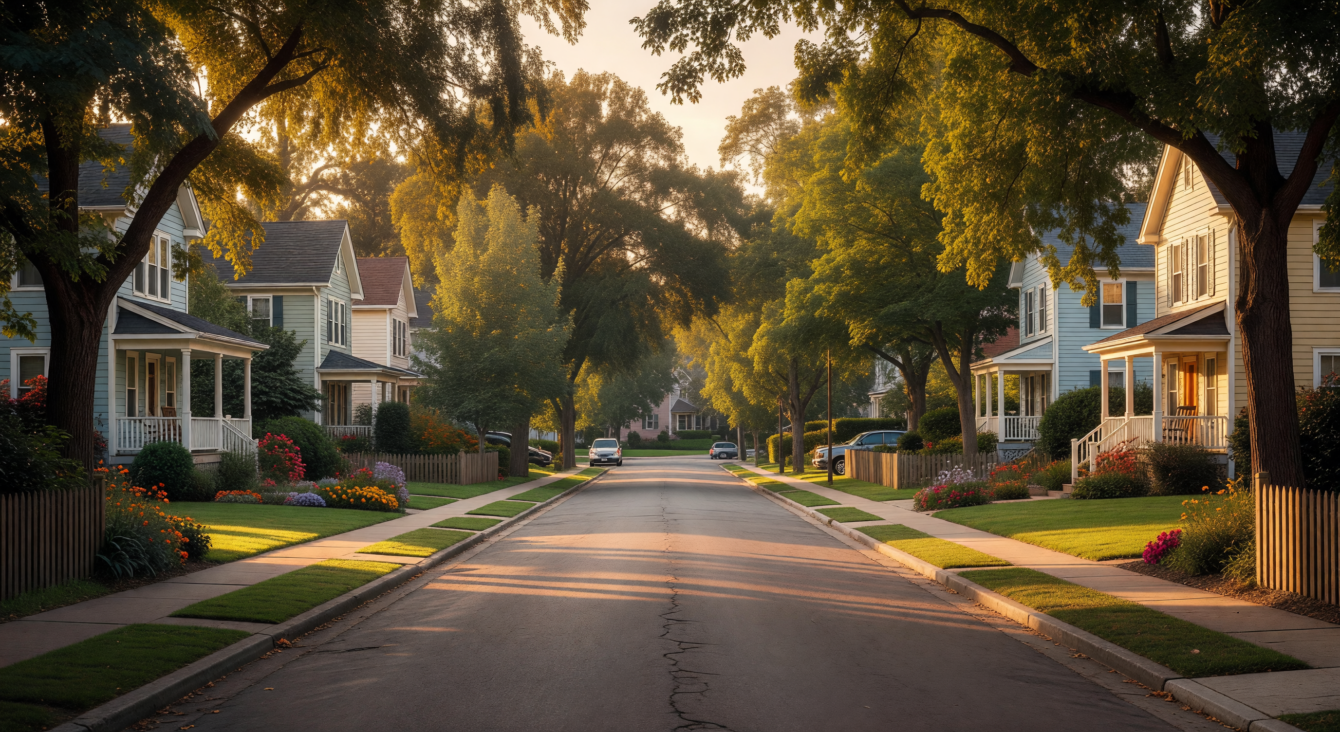 A quiet residential street with mature trees, late afternoon golden light, a single pair of sneakers hanging from a power line overhead