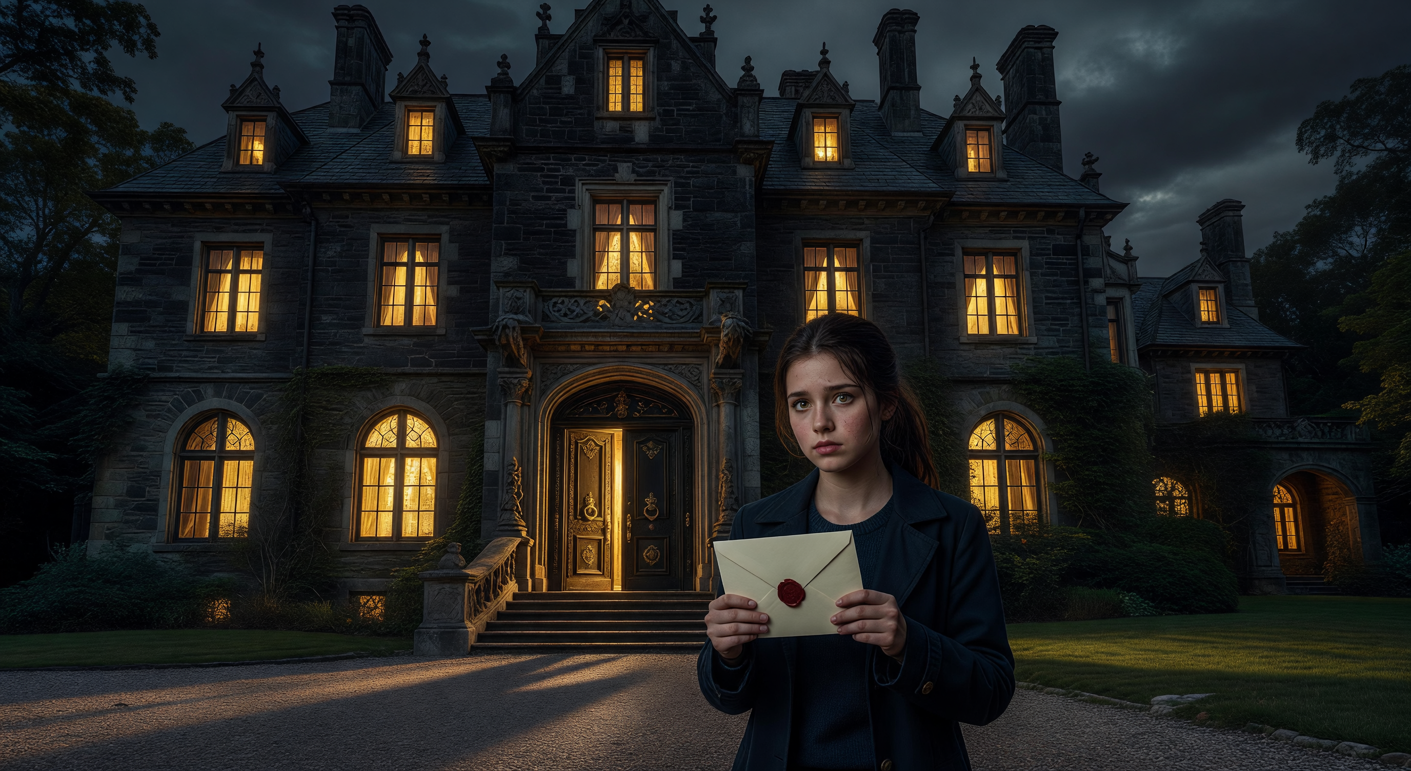 A grand staircase in a mansion at night, chandeliers dimmed to a warm glow, shadows gathering in doorways along a hall of family portraits