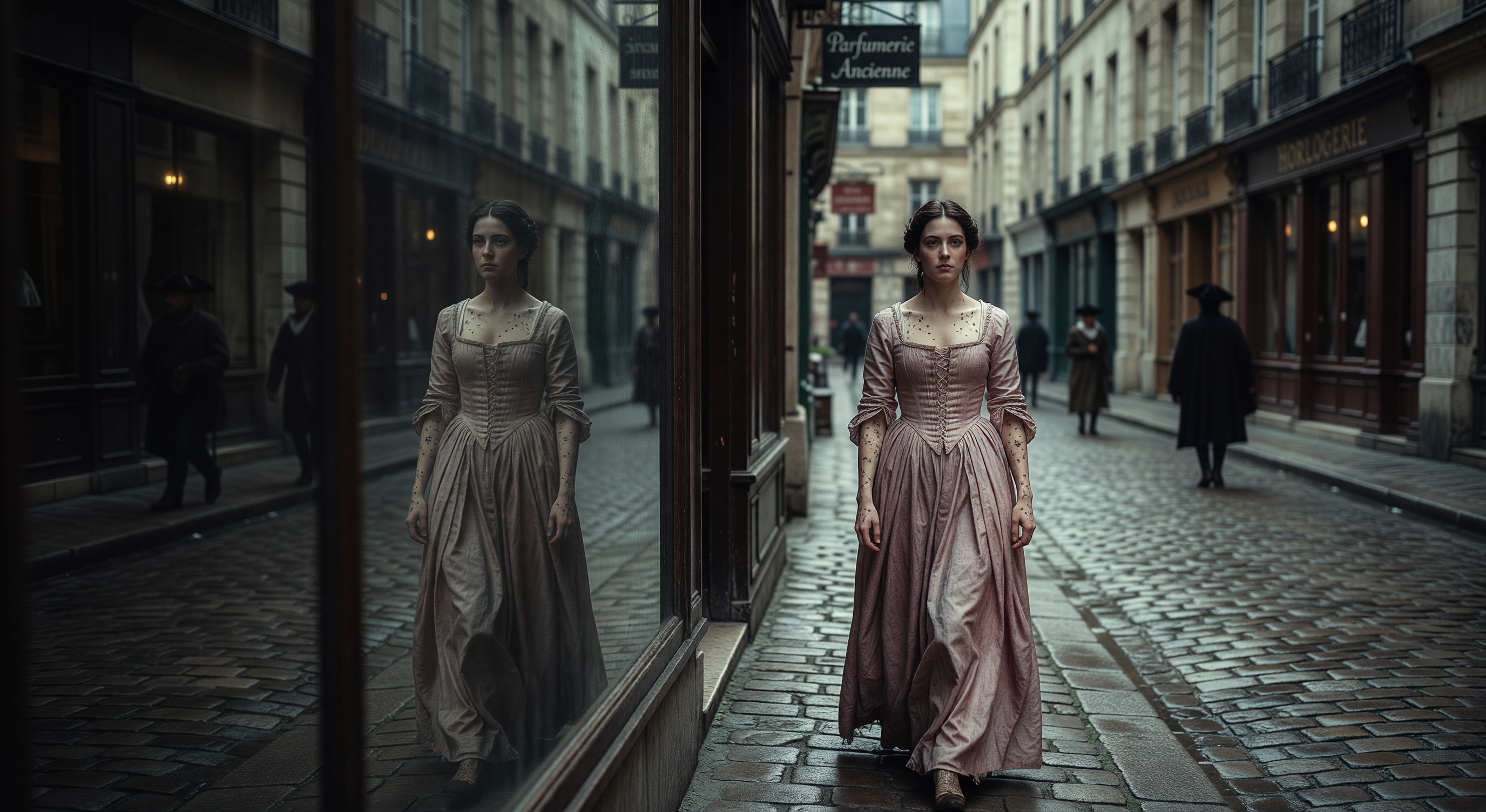 A narrow eighteenth-century French village street at dusk, lantern light trembling on stone walls, a figure standing at the threshold of a doorway about to step into darkness