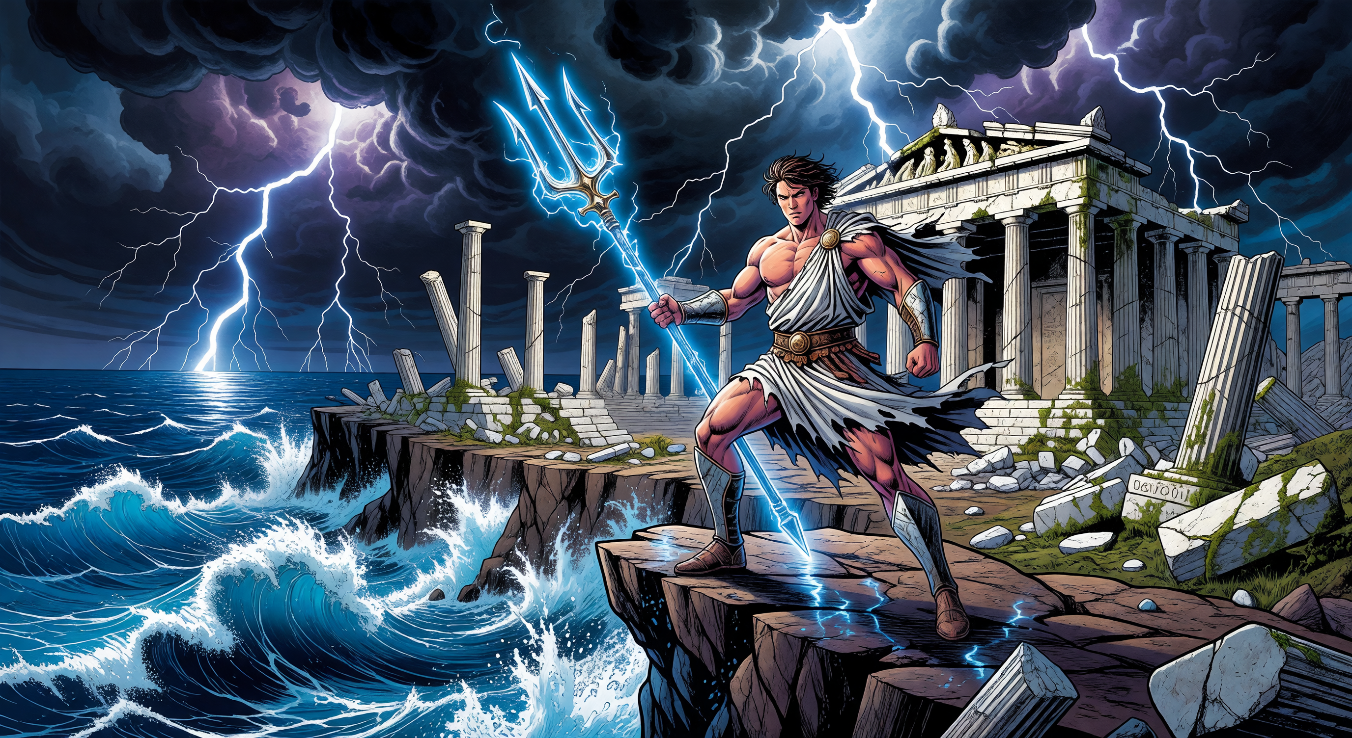 A vivid comic-style illustration of a young hero standing before the New York skyline with storm clouds and lightning above, Greek mythology imagery in the background