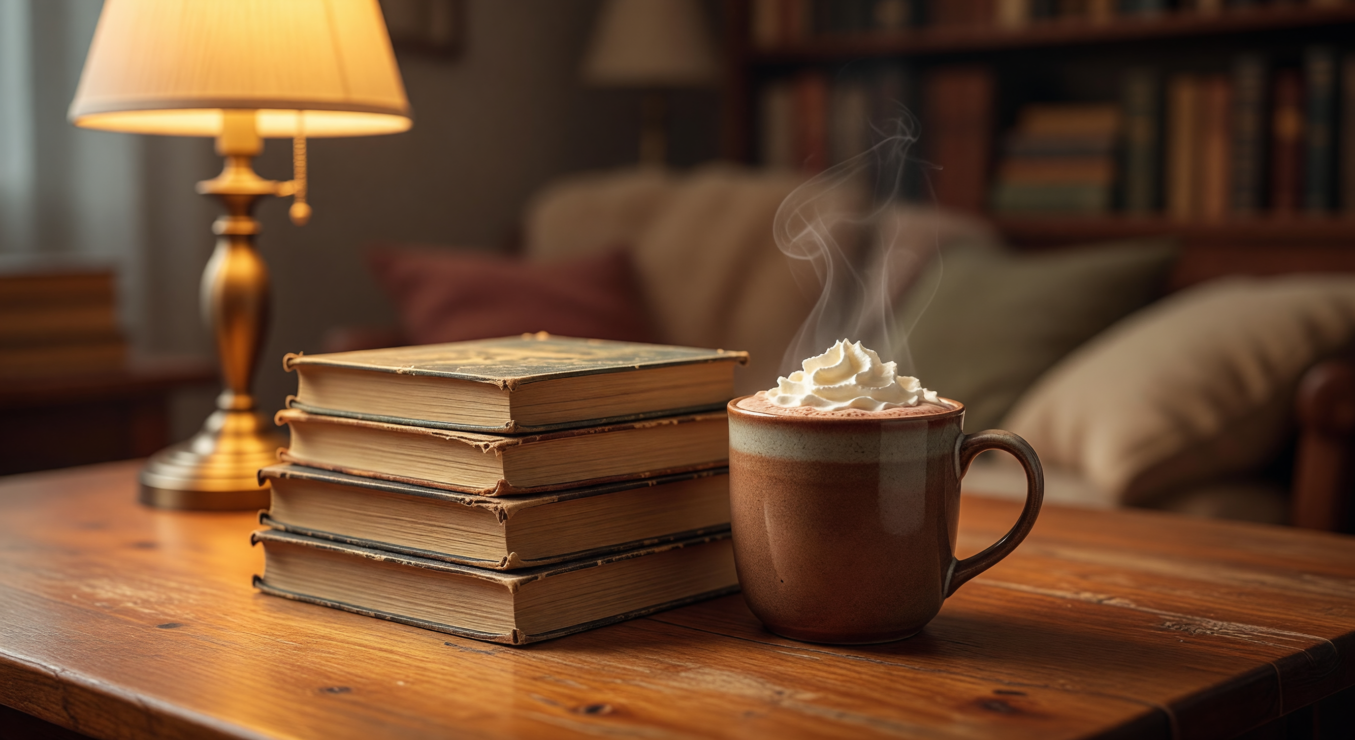 Stack of well-loved paperback books beside a mug of hot chocolate on a wooden table with warm cozy lighting