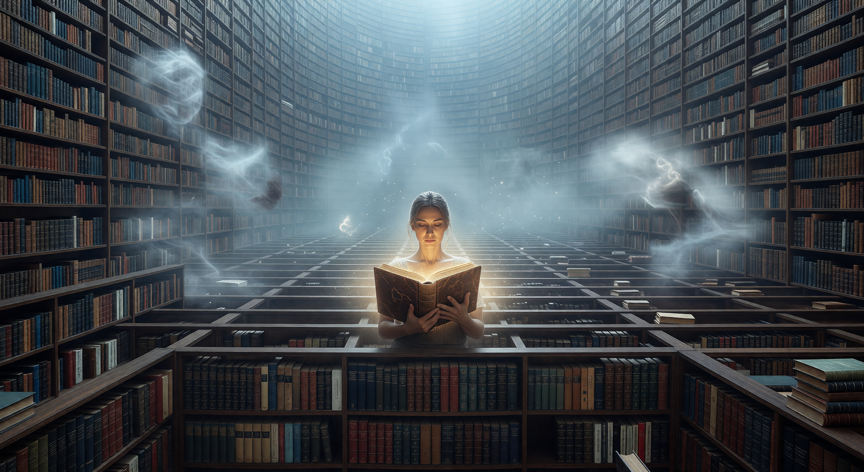 An infinite library stretching in all directions, its shelves reaching into green-tinged darkness, every spine glowing faintly as though lit from within