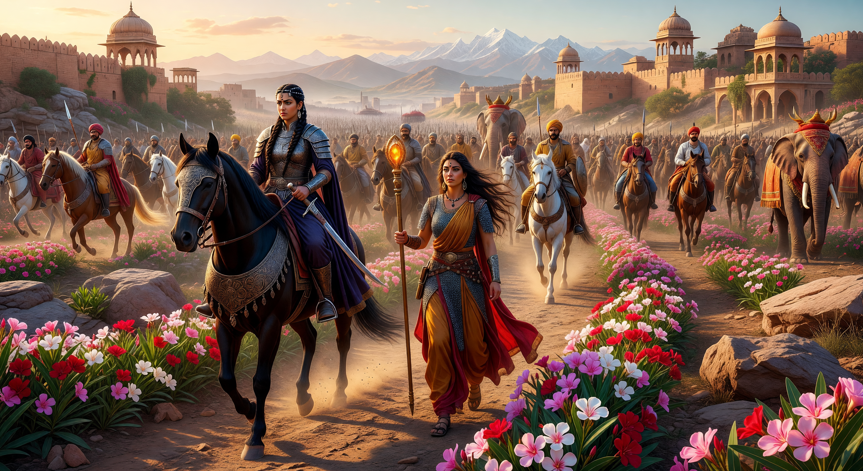 Jungle path at dusk in a monsoon landscape, oleander blossoms scattered on red earth, distant palace towers through haze