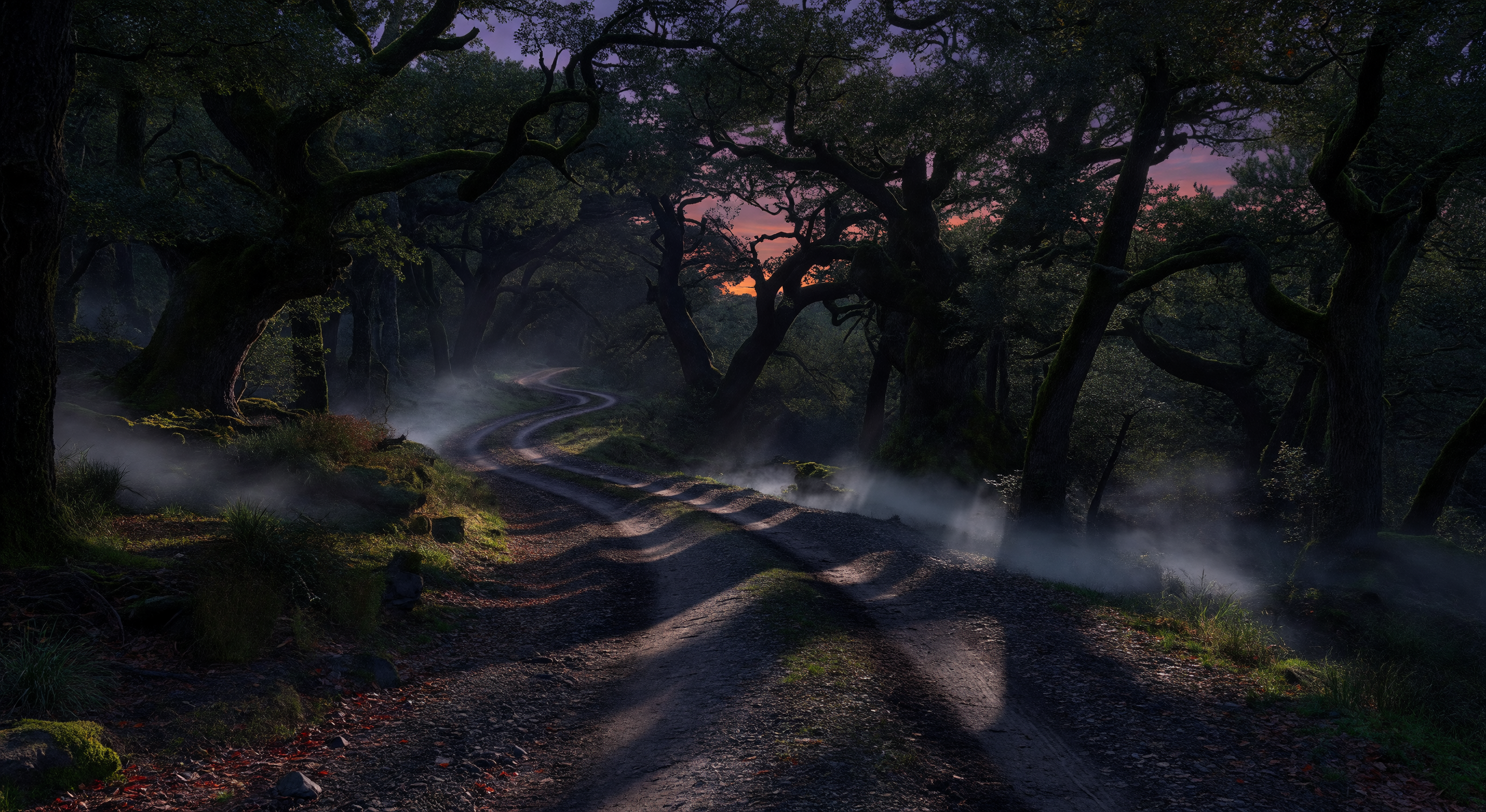 A single raven perched on a mossy stone wall at dusk, dark trees behind it, sky turning deep violet