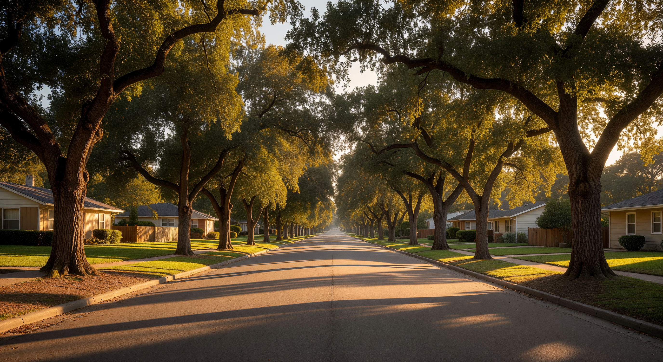 A quiet suburban street in late afternoon light, oak trees casting long shadows across an empty pavement, ordinary and peaceful