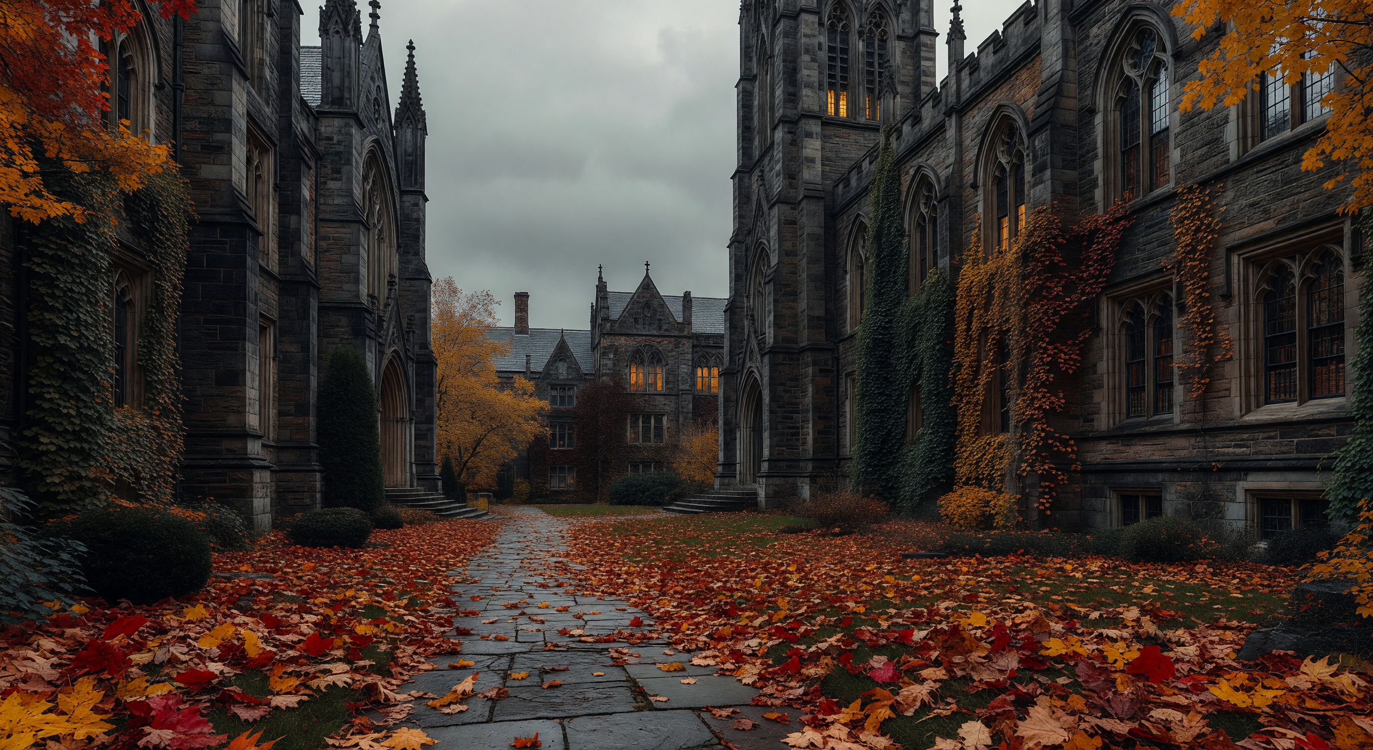 An Ivy League-style college campus in autumn, fallen leaves on stone paths, gothic stone buildings under grey skies, a single light burning in an upper window