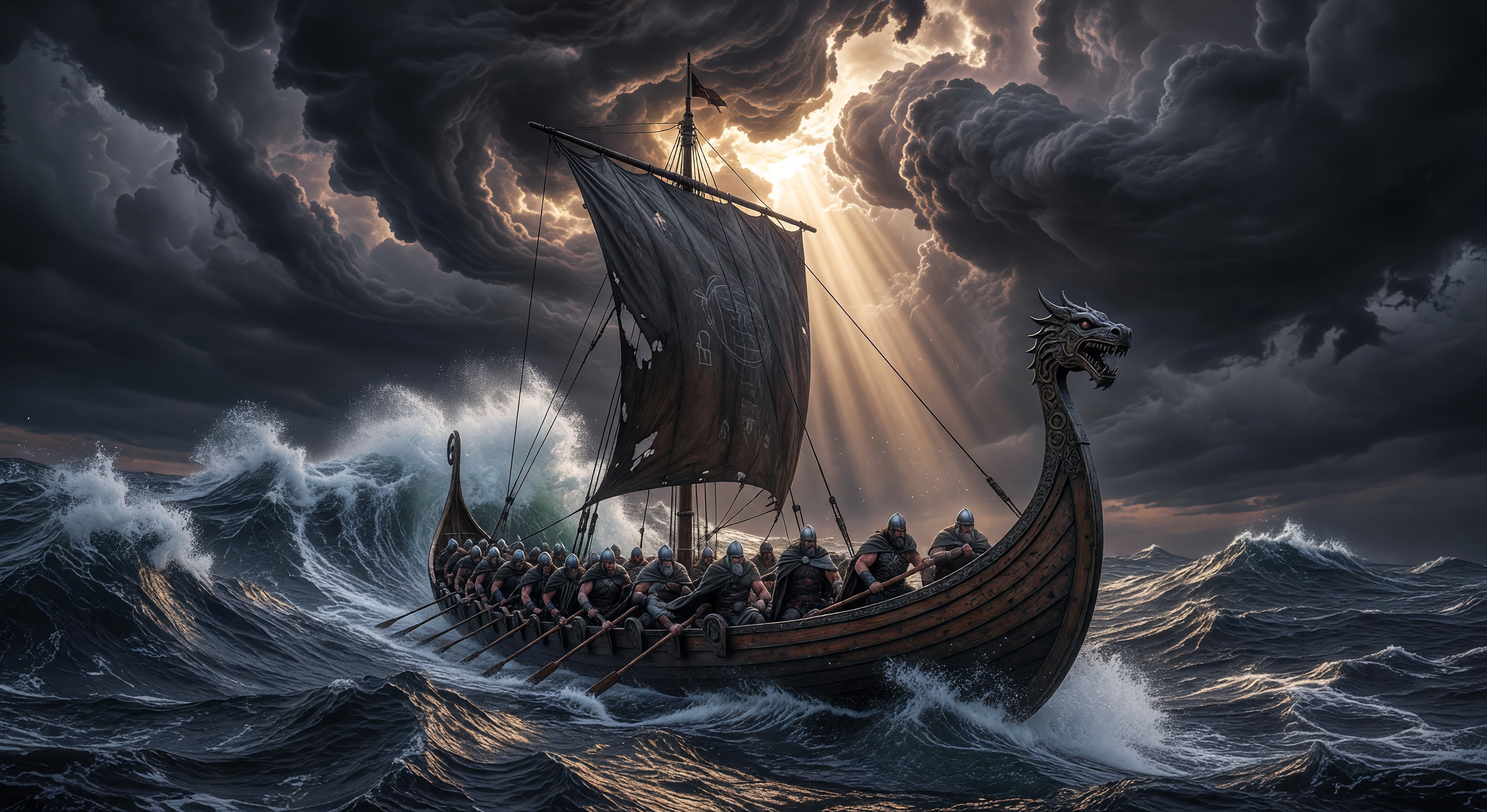A dramatic Norse seascape with a longship sailing through stormy grey waves, dark storm clouds parting to reveal a shaft of golden light