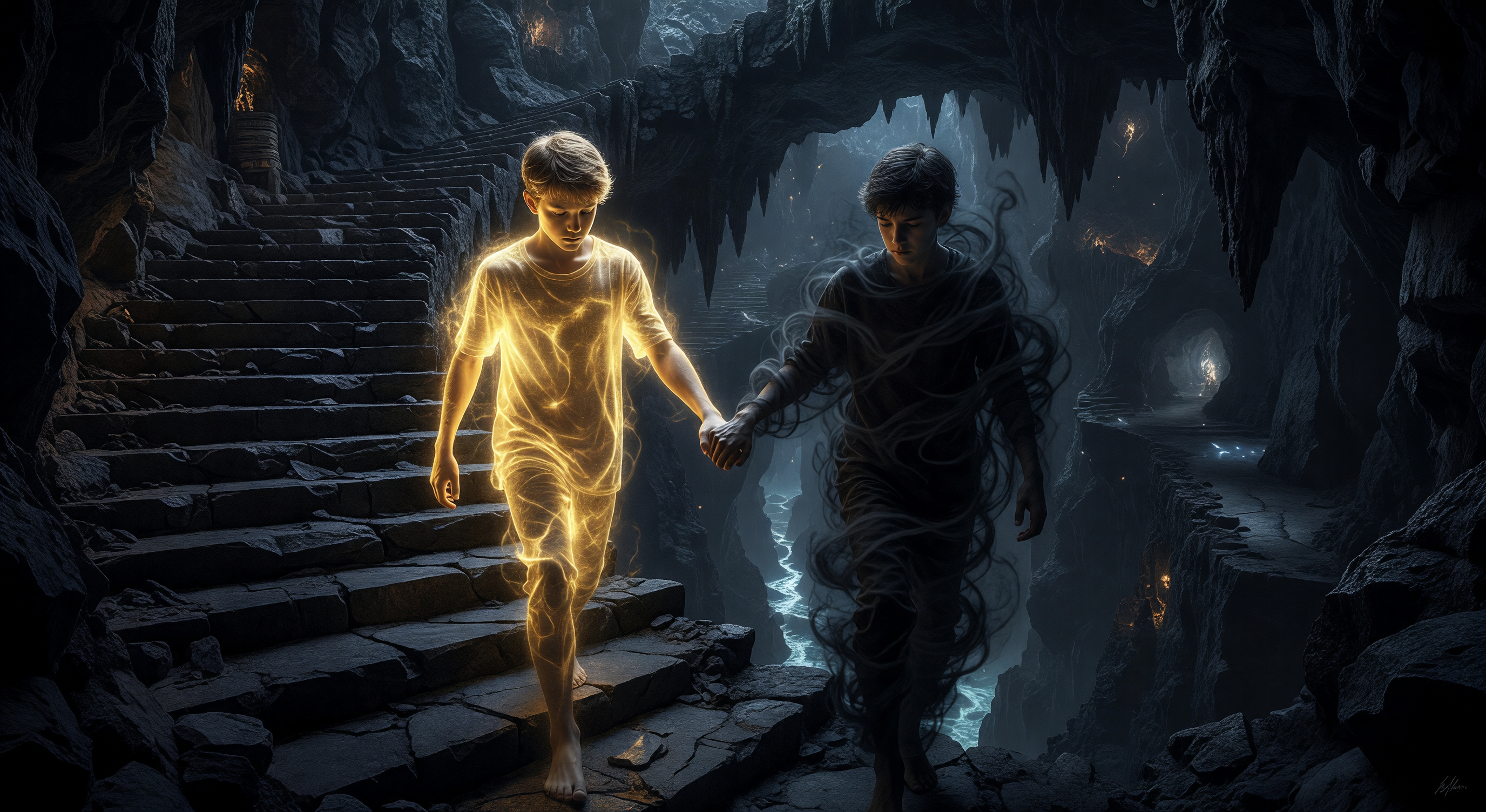 Two boys holding hands at the edge of a vast underground abyss, one wreathed in shadows and one in faint golden light, the darkness below endless
