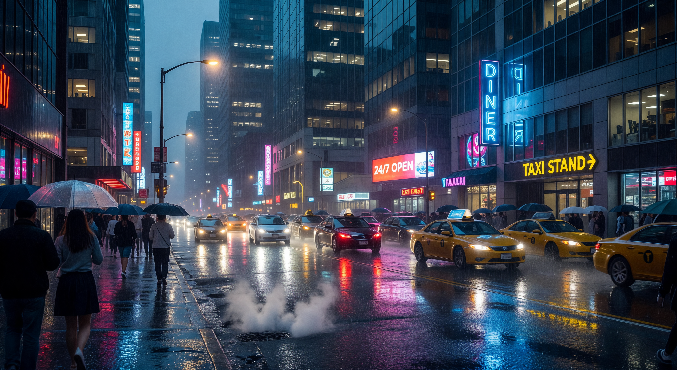 A busy New York City street from above at golden hour, yellow cabs and pedestrians filling the frame, sunlight streaming between buildings