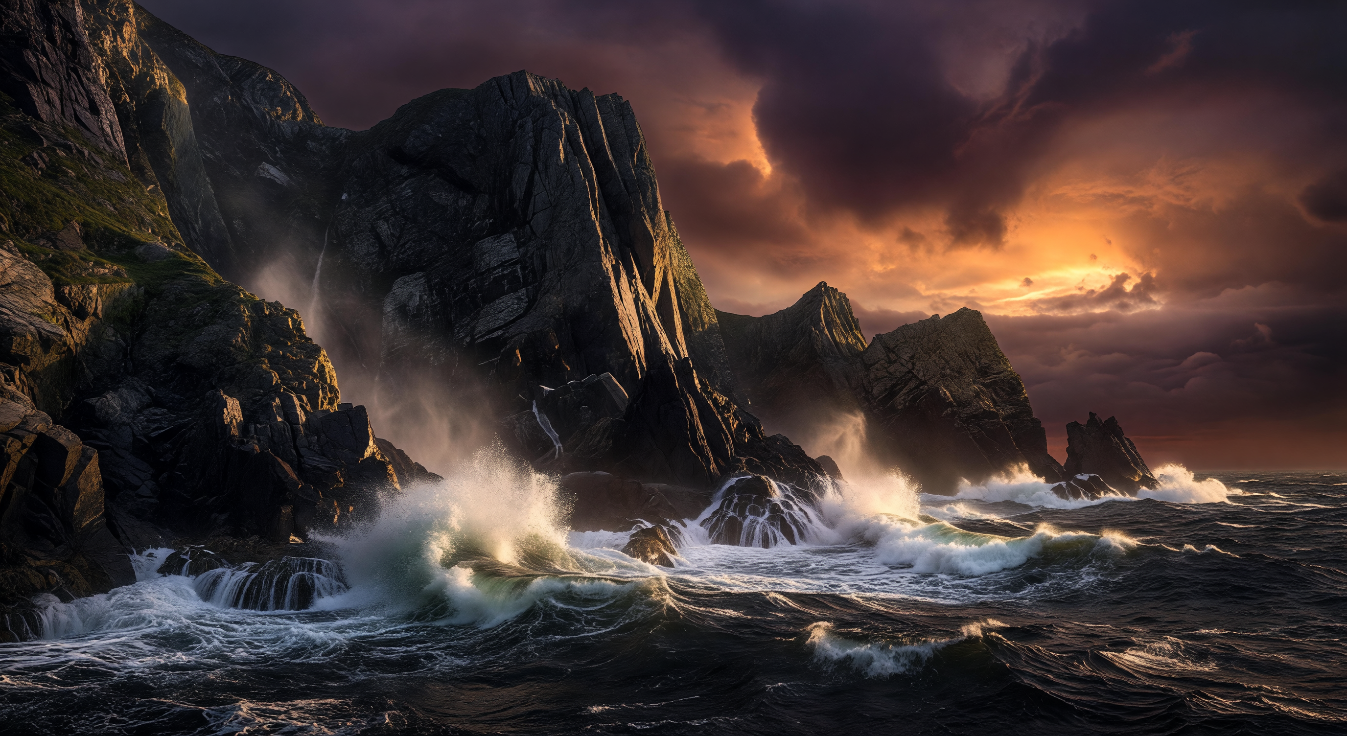 A dramatic Viking-age coastline at dusk with dark cliffs, crashing waves below, and a stormy orange and purple sky overhead