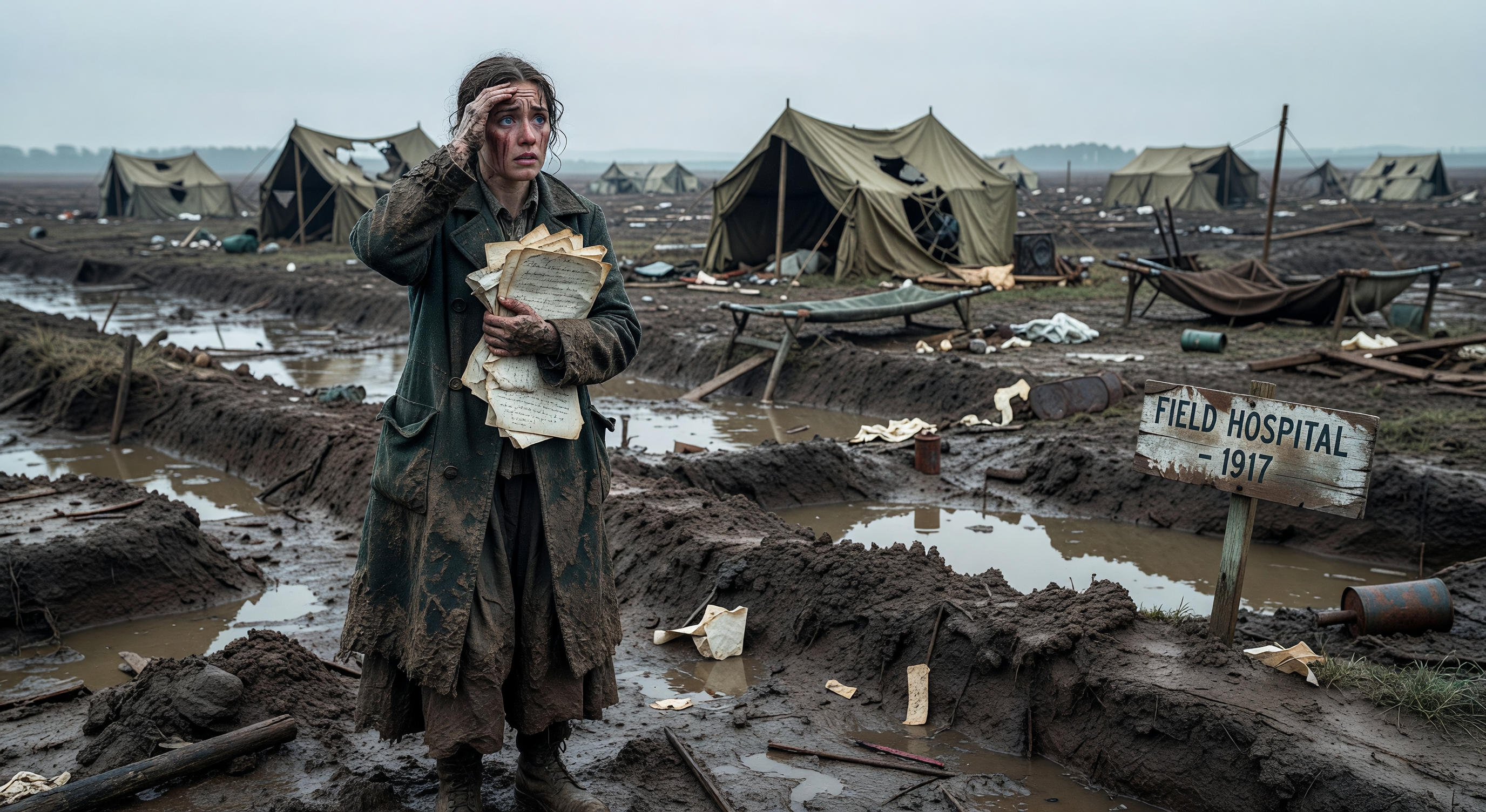 Muddy trench at dawn, skeletal trees beyond the parapet, a nurse's lantern casting light across letters spread on a wooden crate