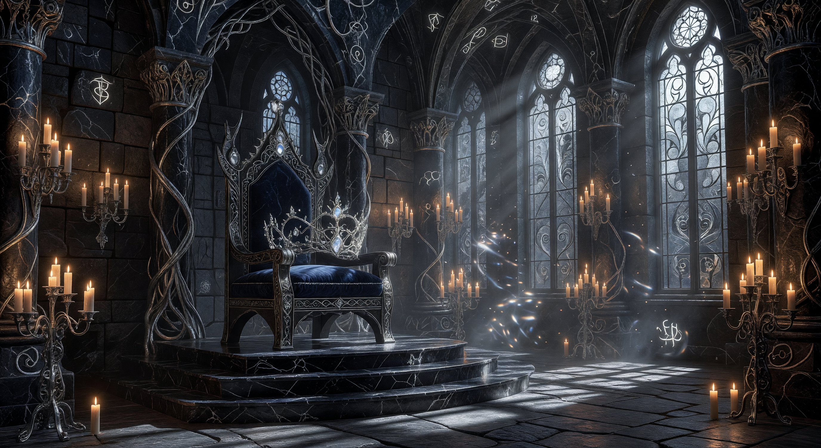 A candlelit throne room of dark stone and twisted silver, a crown resting on a velvet cushion, moonlight streaming through tall arched windows