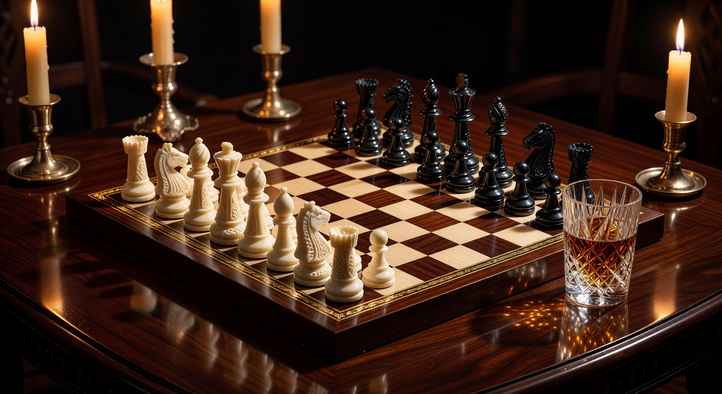 An elegant chessboard with ornate pieces on a dark wooden table, a crystal glass beside it, in warm candlelight