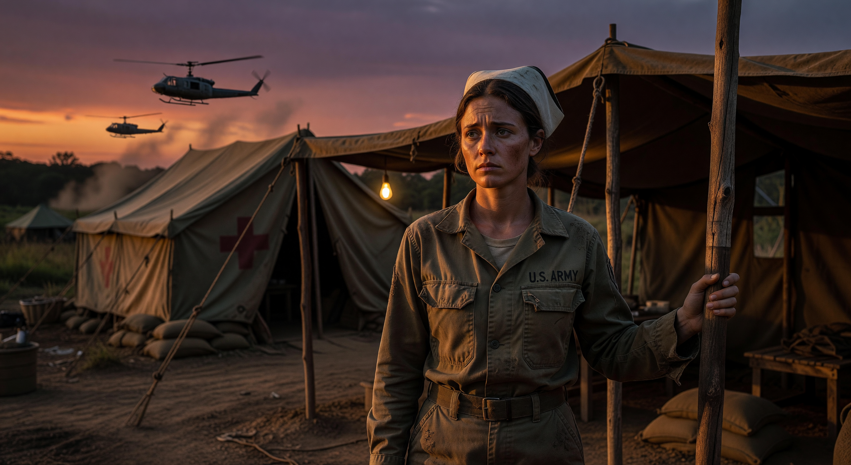 Red cross tent at the edge of a jungle clearing at dusk, mud-soaked ground, distant mountains in low cloud