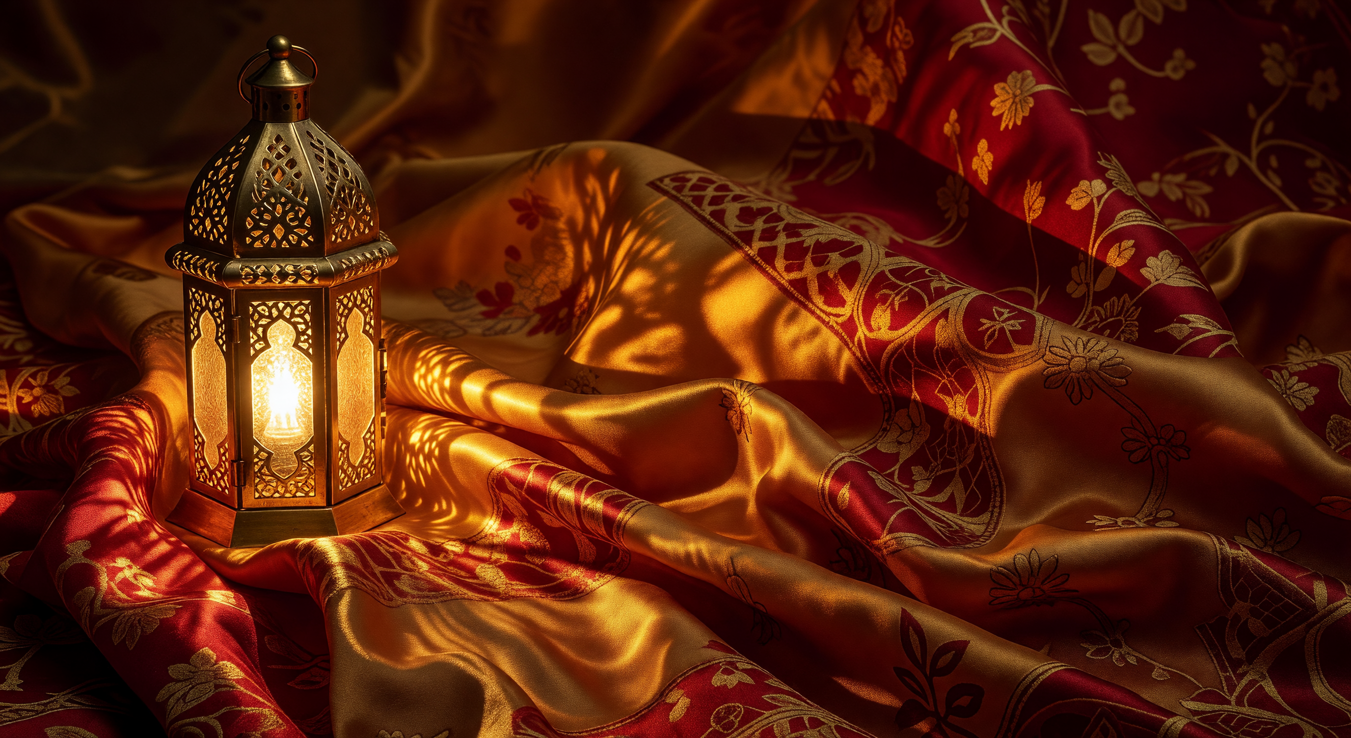 An ornate lamp casting warm golden light in a softly lit room with draped silk fabric, intricate patterns visible in the shadows