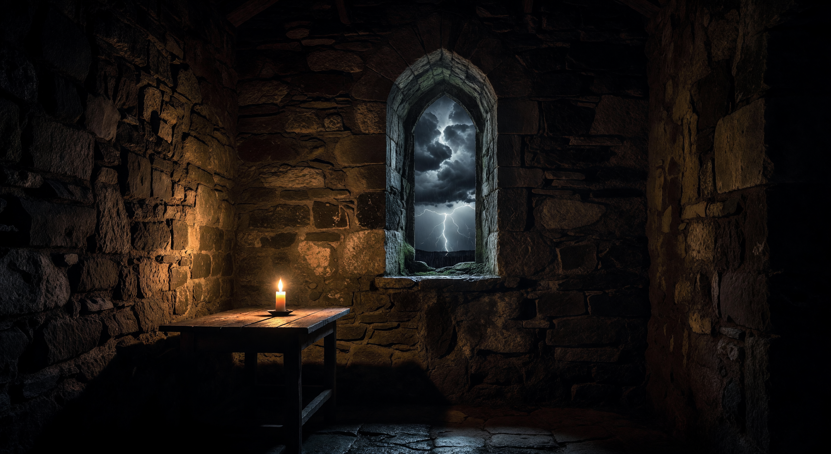 A dramatically lit stone tower room at night, a single window showing dark stormy sky, shadows and candlelight creating sharp contrasts
