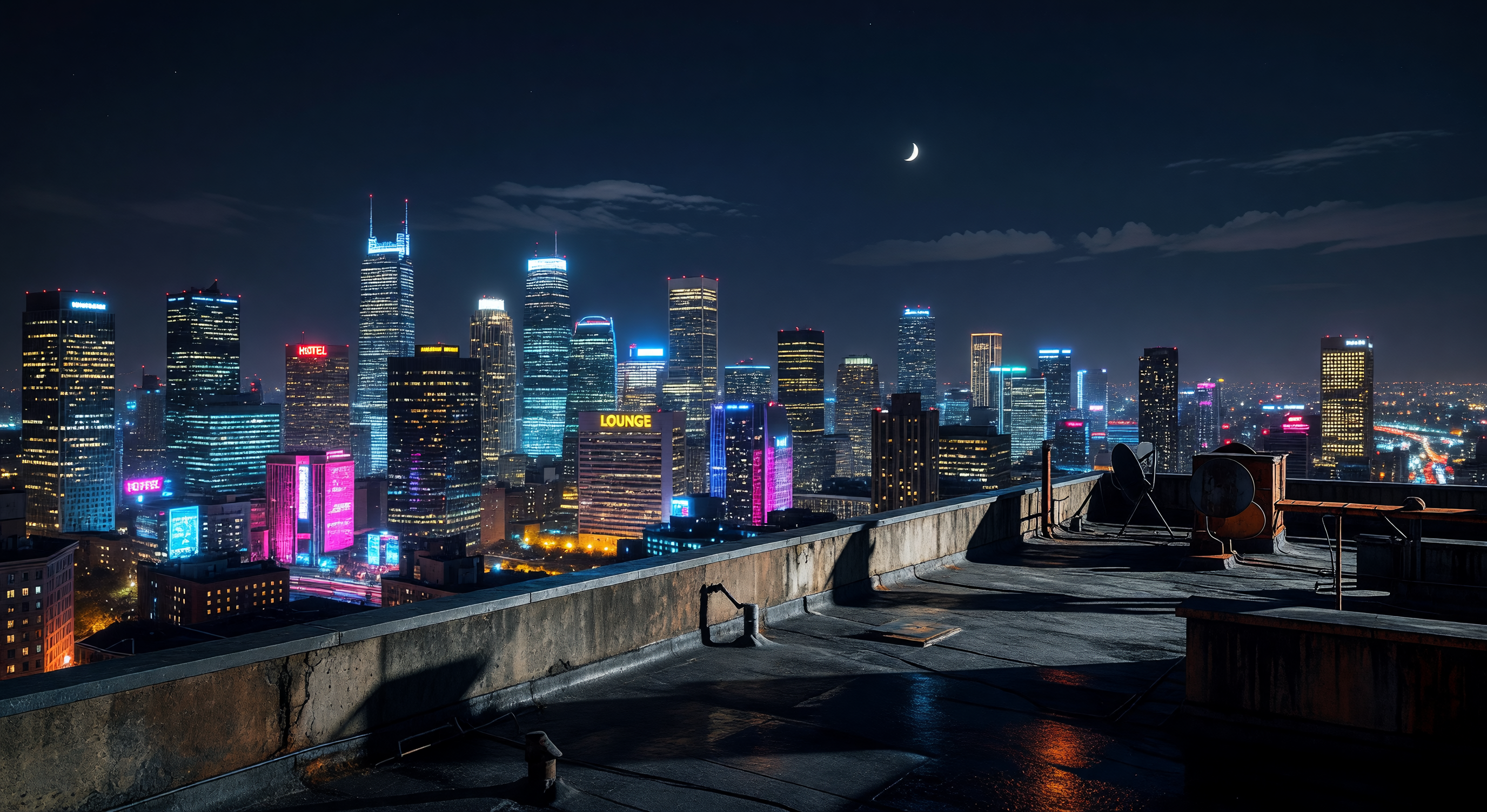 A split image of a city at night, one half illuminated and orderly, the other dark and shadowed, reflected in rain-wet pavement