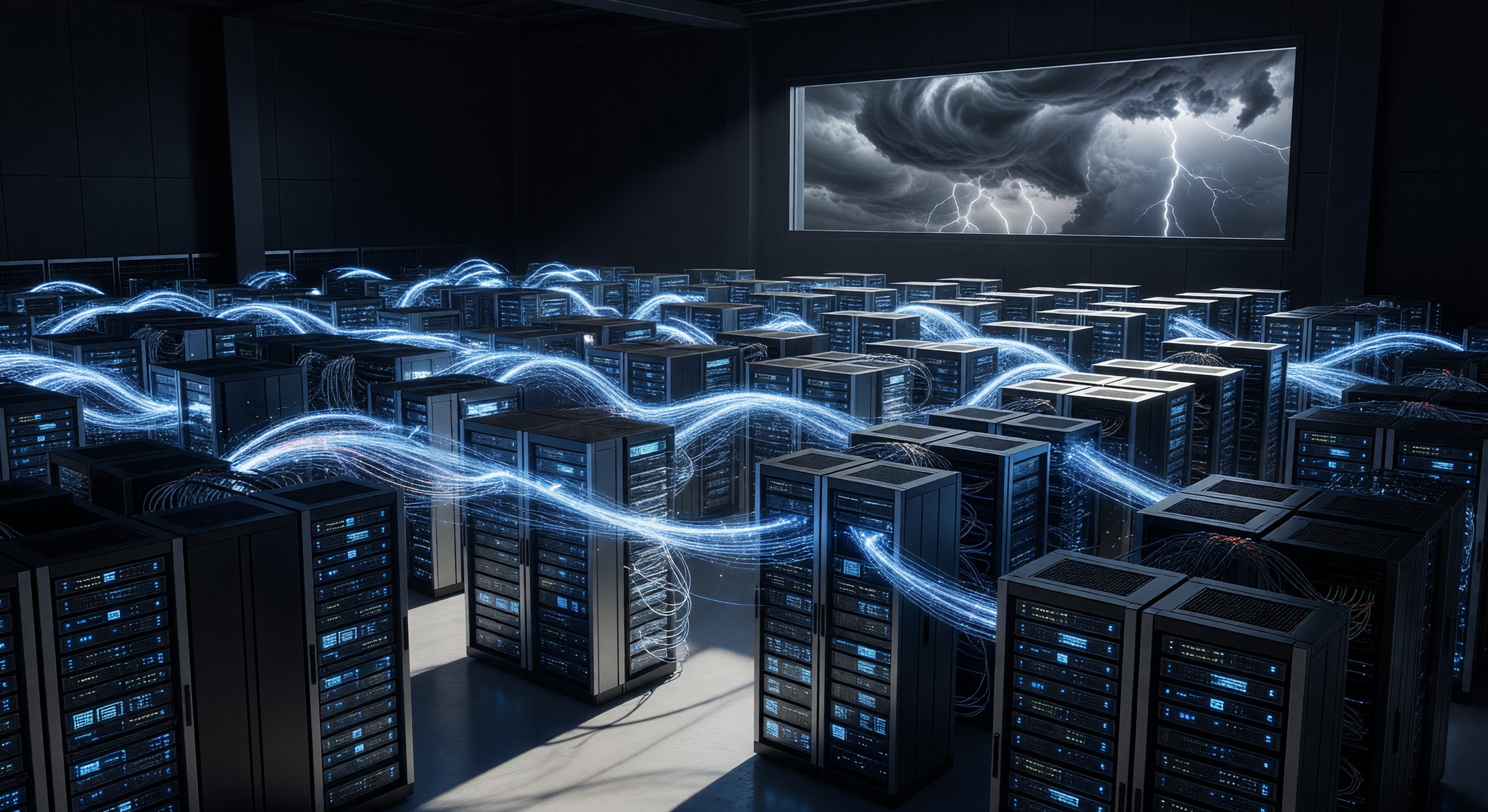 Vast server banks glowing blue in a dark room, data streams of light flowing between towers, a single window showing a stormy sky outside