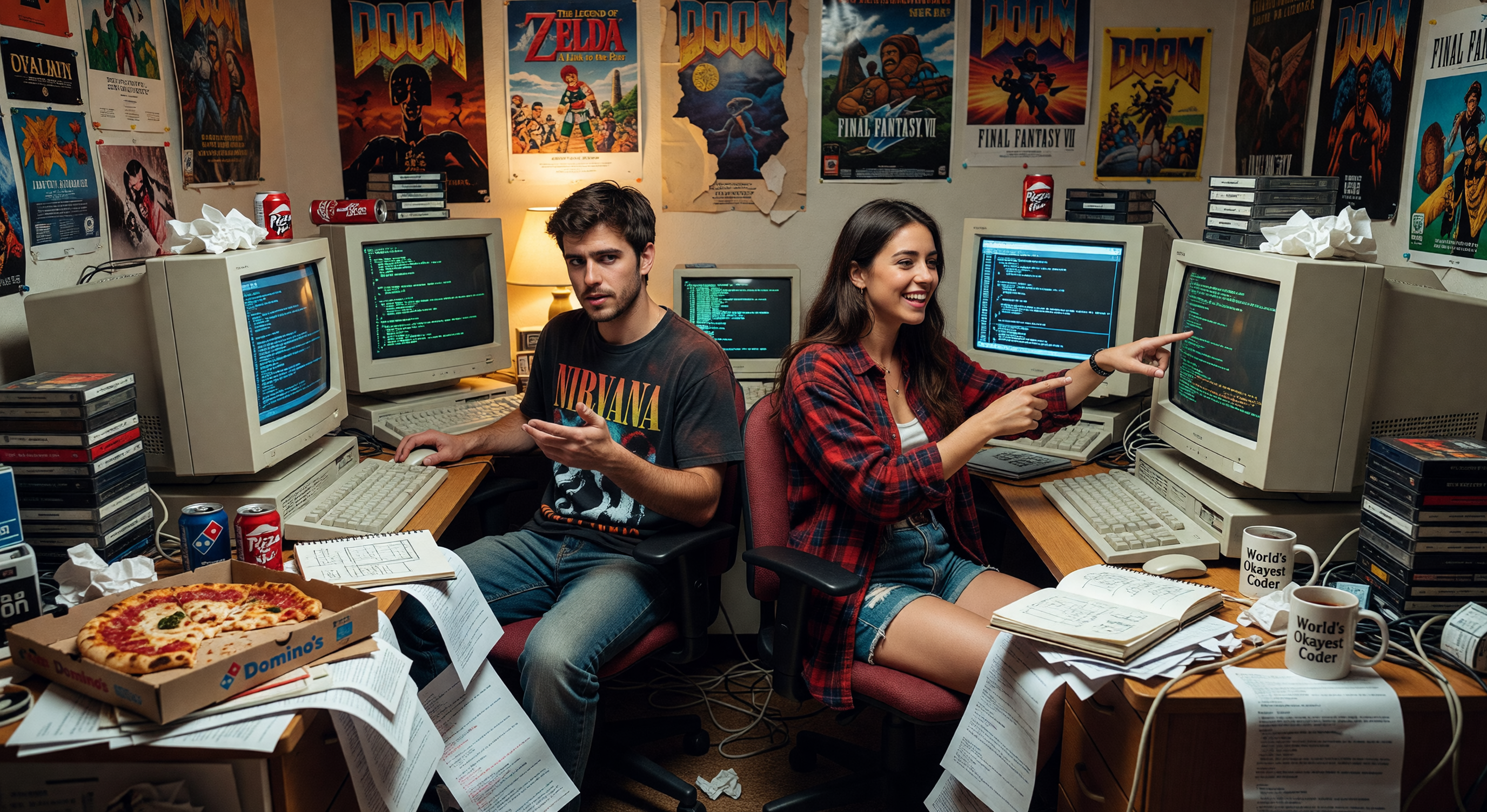 Two figures at adjacent desks in a darkened studio, the glow of computer screens illuminating their faces as code and pixel art cover the walls