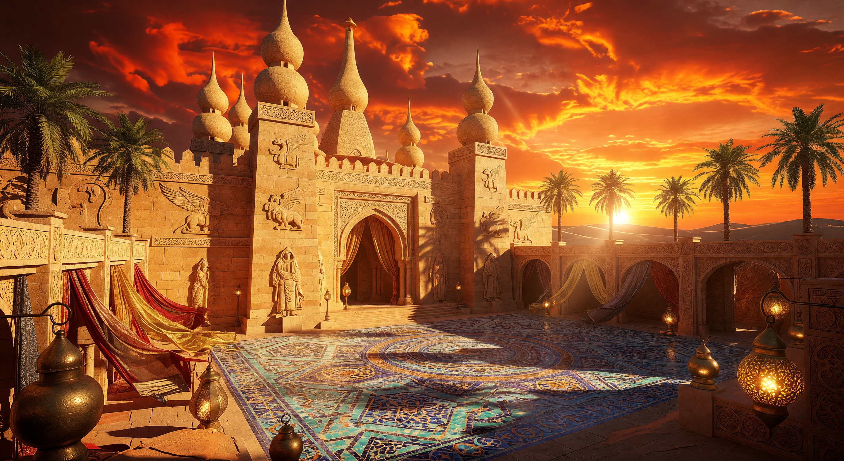 A grand desert palace at sunset, golden sandstone towers rising against a deep orange sky, palm trees lining an ornate courtyard