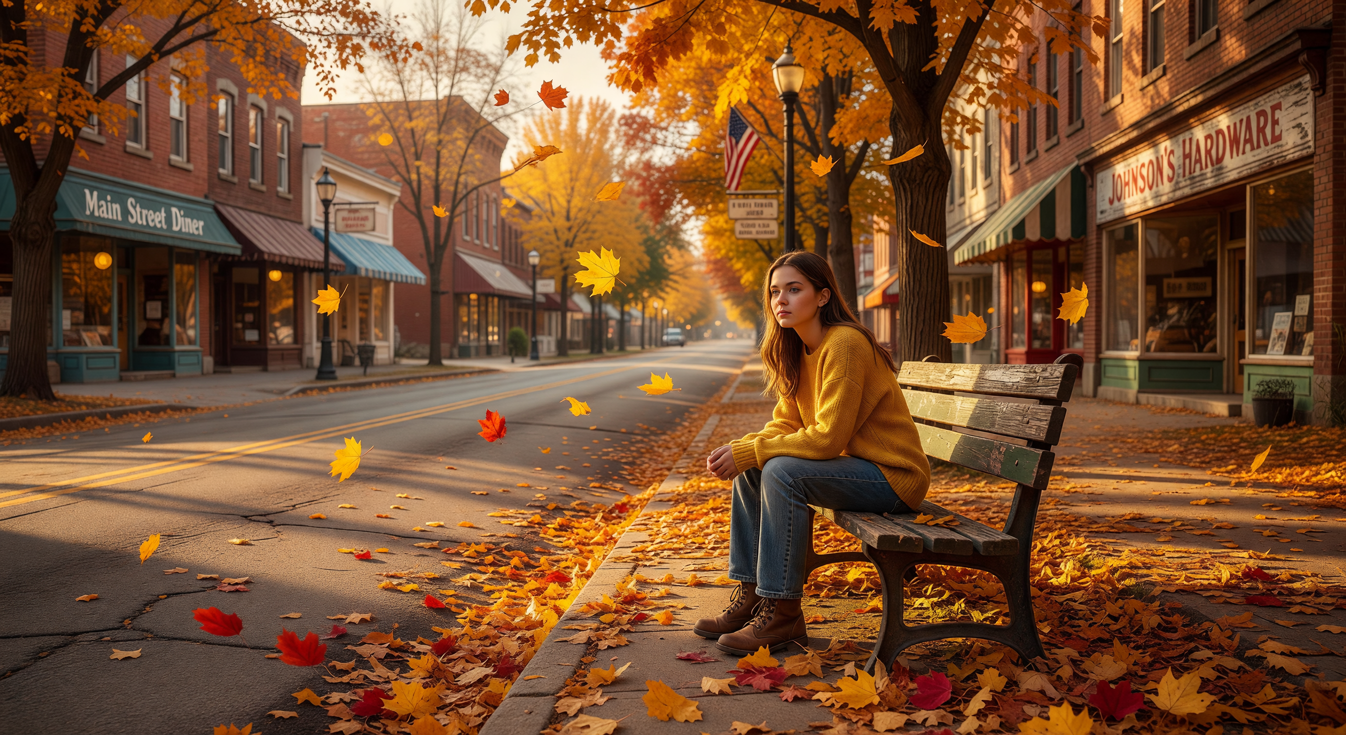 A quiet Indiana small-town street in autumn, golden leaves falling, a teenage girl sitting on a park bench looking thoughtfully into the distance