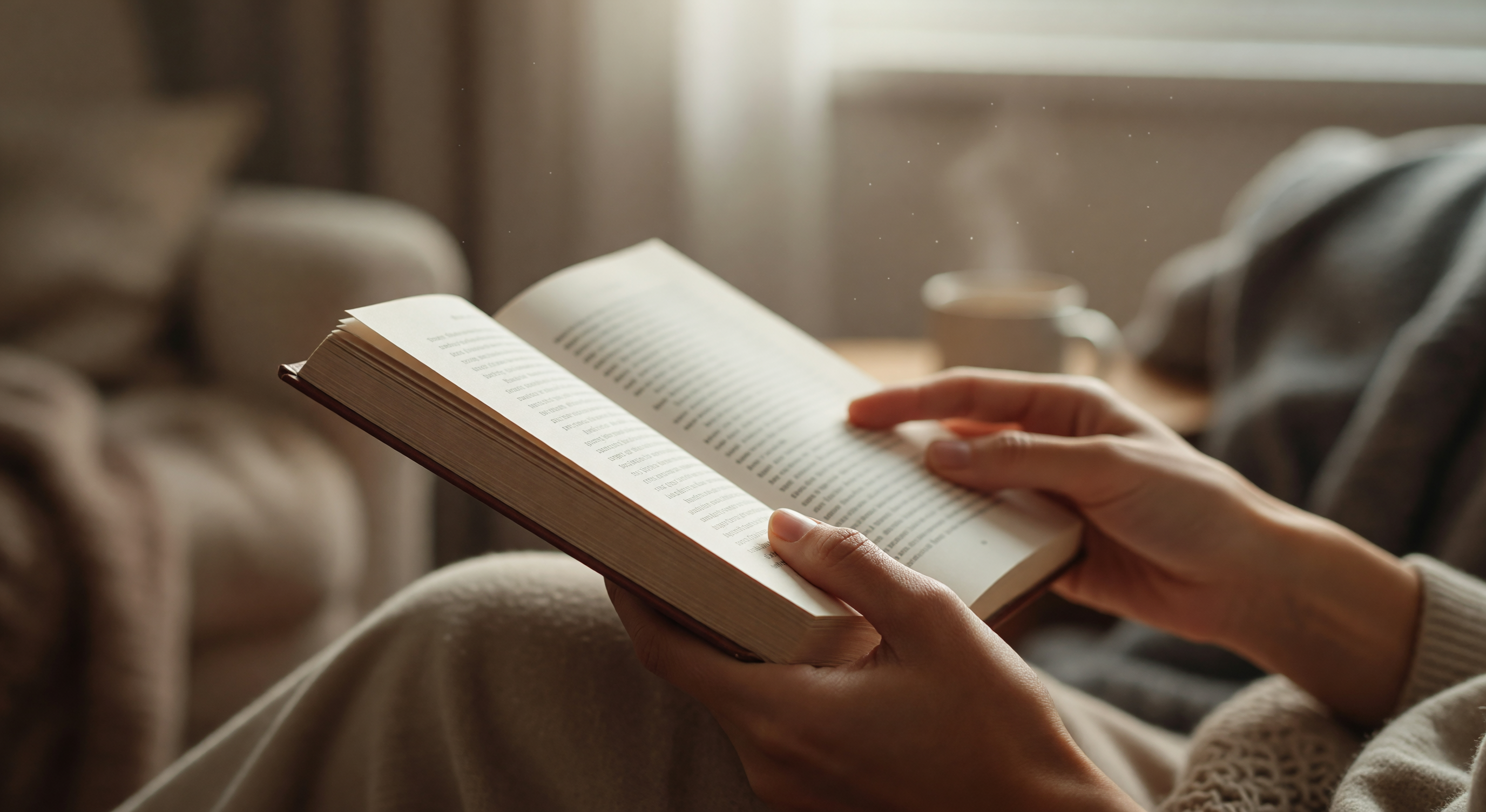 Close-up of a person's hands holding an open paperback book, soft natural window light, cozy reading atmosphere