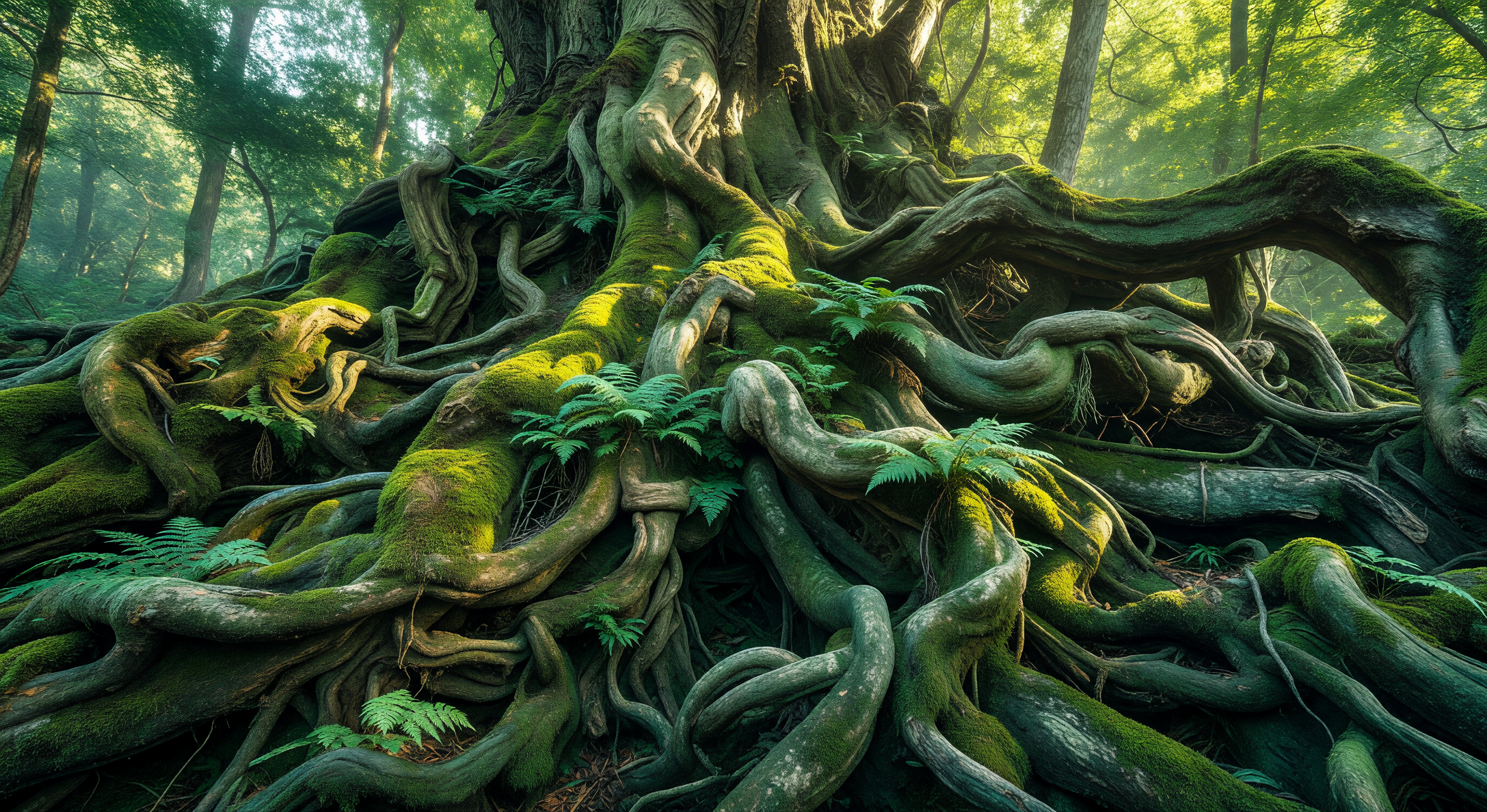 The gnarled roots of a massive ancient tree filling the frame, moss and ferns growing between them, dappled forest light from above