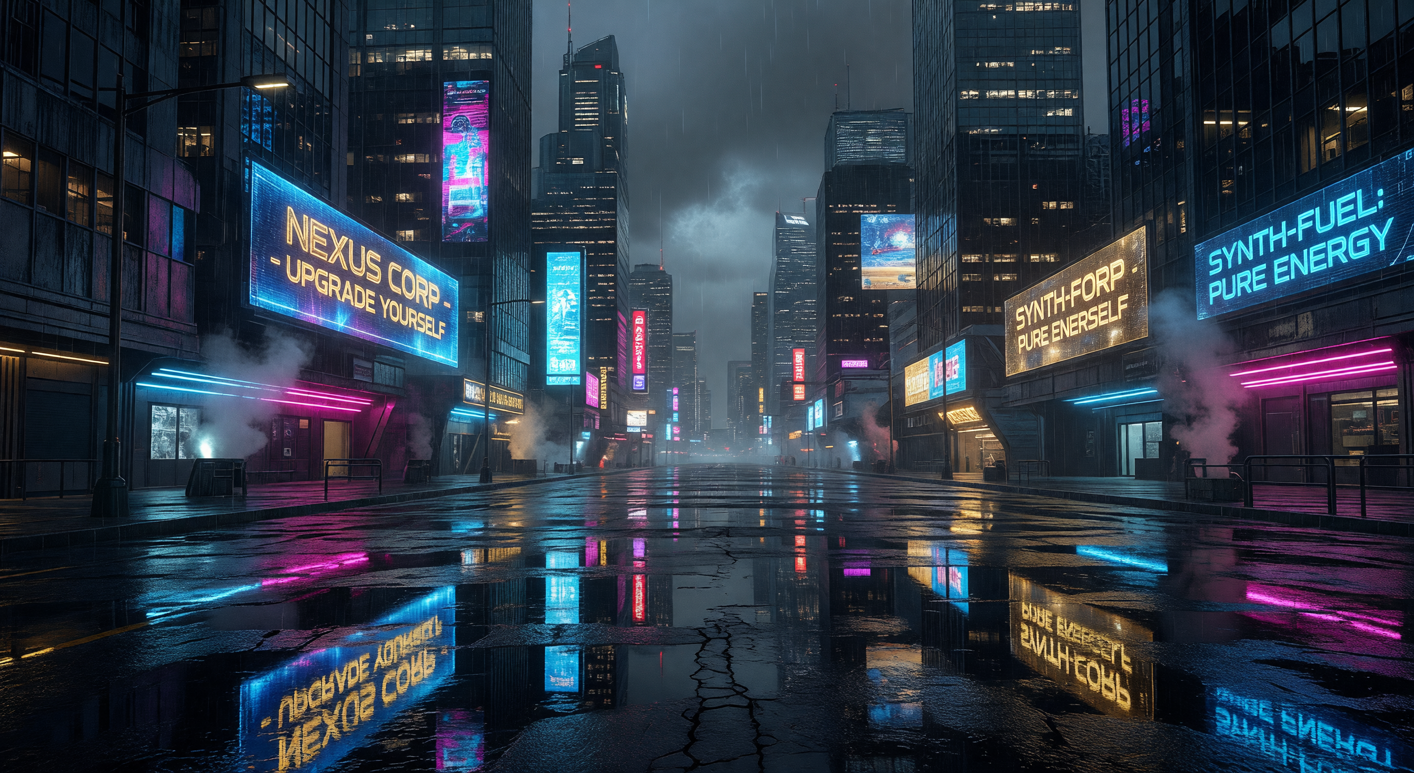 A futuristic neon-lit cityscape reflected in rain-slicked streets at night, holographic advertisements glowing in blue and gold